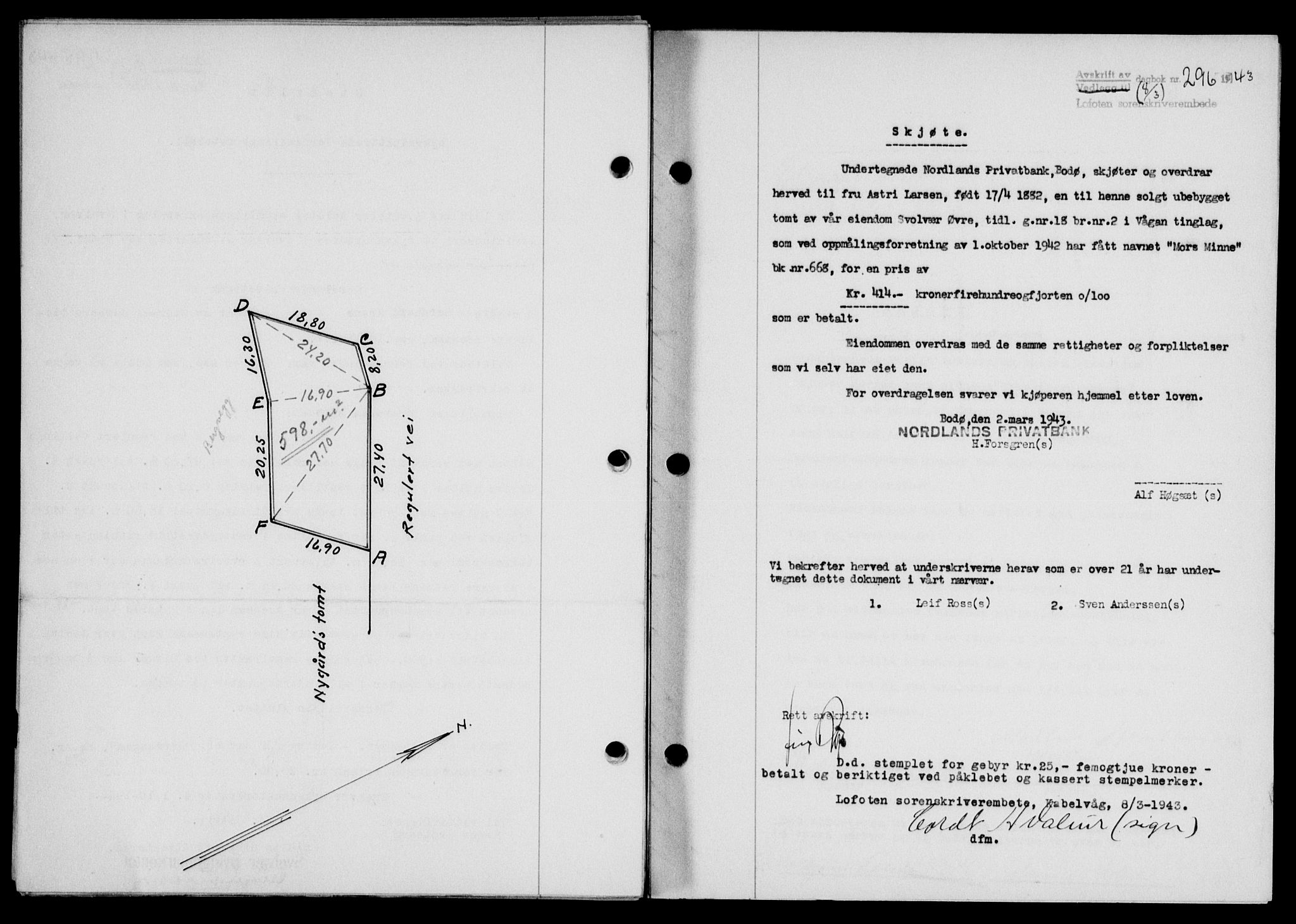 Lofoten sorenskriveri, SAT/A-0017/1/2/2C/L0011a: Mortgage book no. 11a, 1943-1943, Diary no: : 296/1943