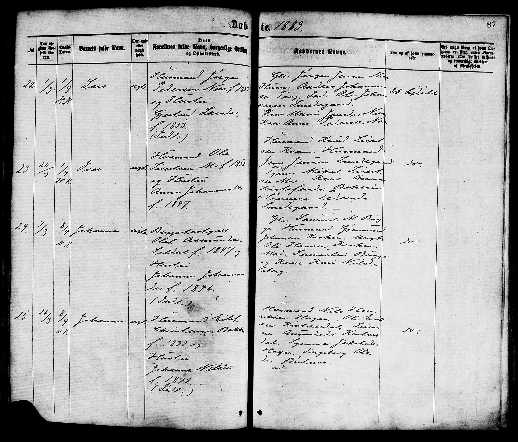 Hafslo sokneprestembete, AV/SAB-A-80301/H/Haa/Haaa/L0011: Parish register (official) no. A 11, 1873-1886, p. 87