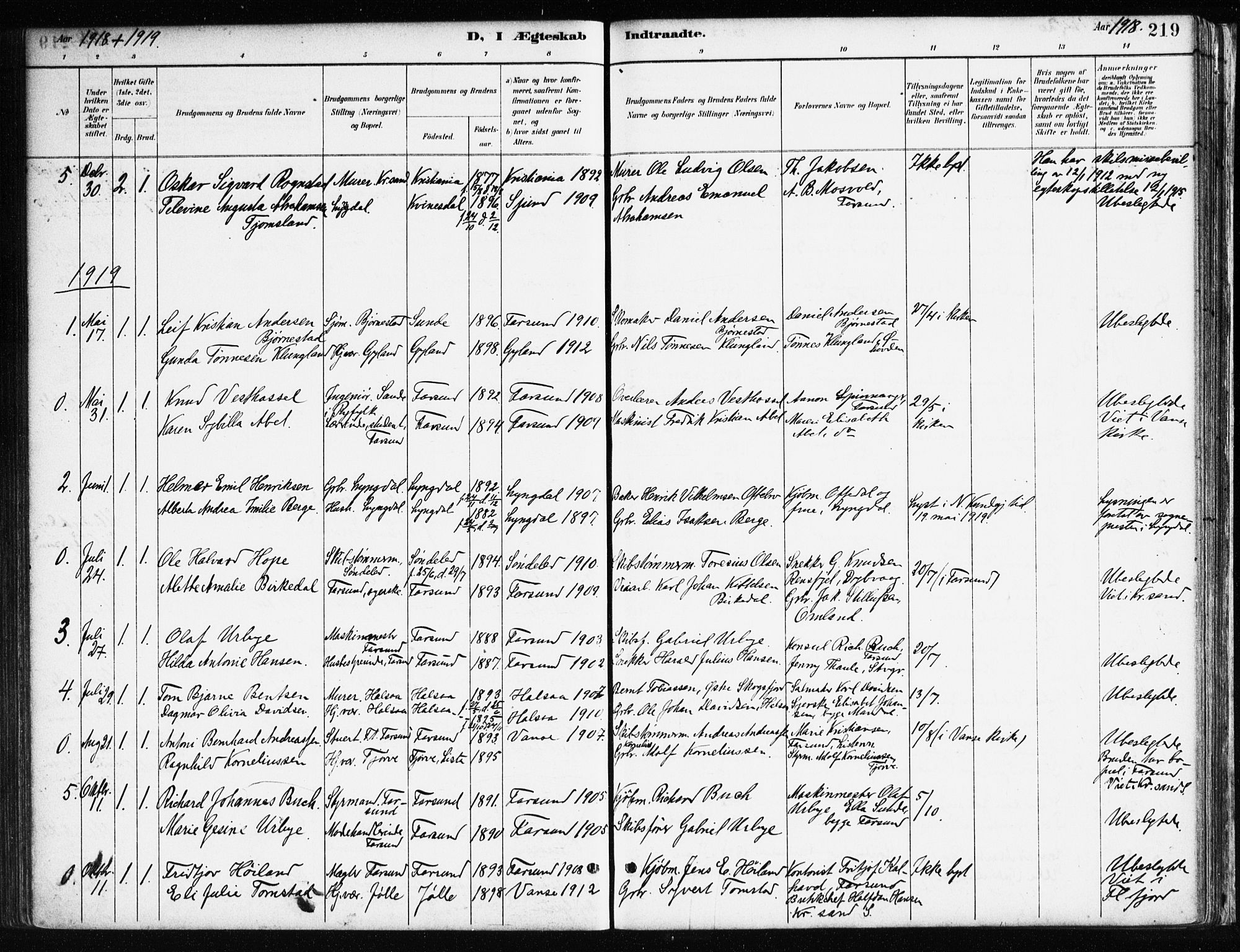 Farsund sokneprestkontor, SAK/1111-0009/F/Fa/L0006: Parish register (official) no. A 6, 1887-1920, p. 219
