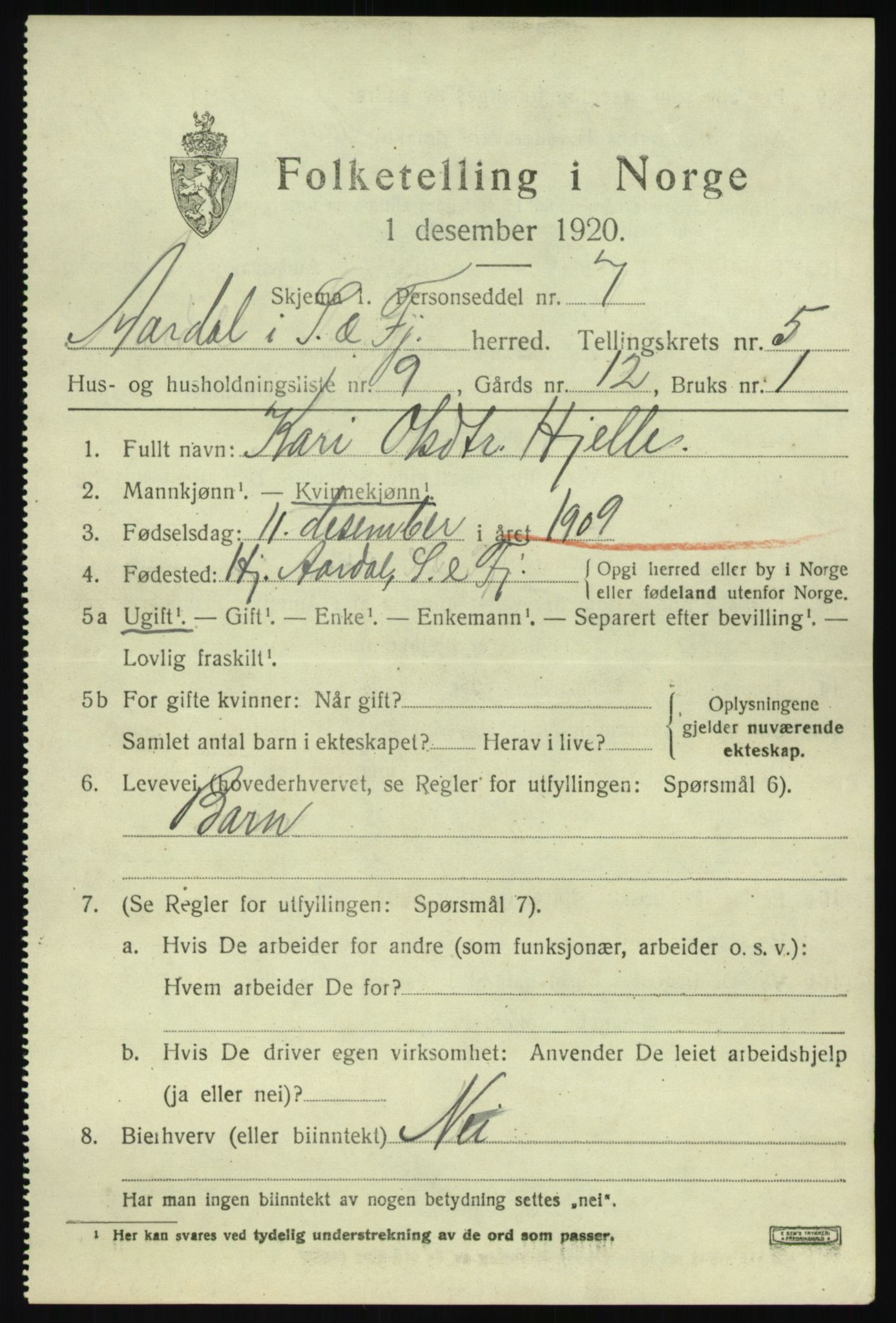 SAB, 1920 census for Årdal, 1920, p. 2907