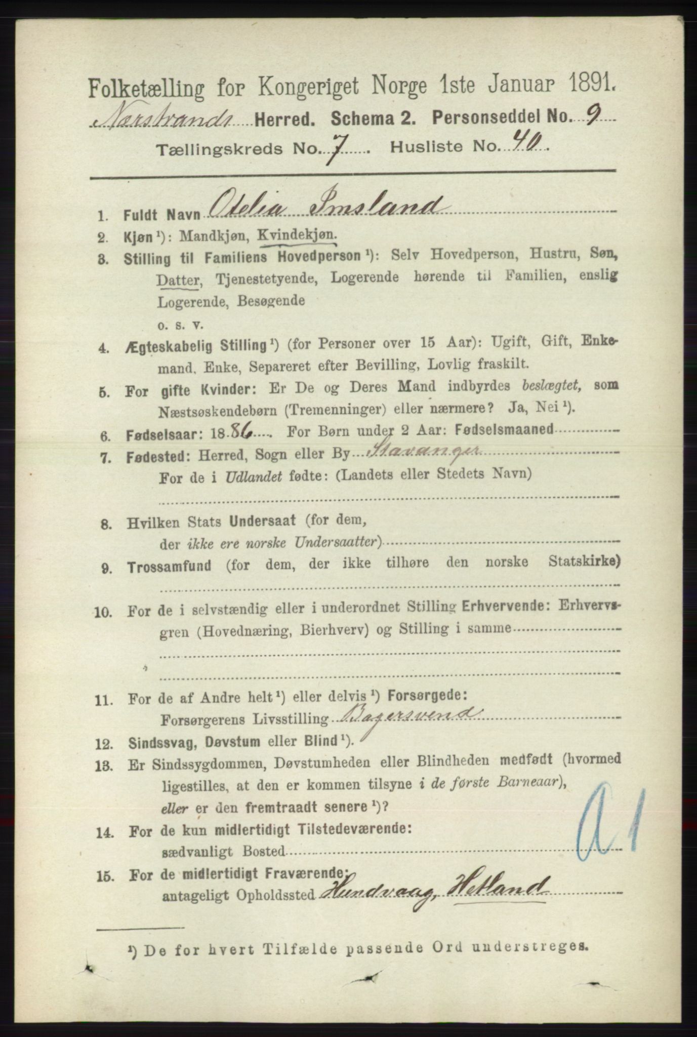 RA, 1891 census for 1139 Nedstrand, 1891, p. 1378