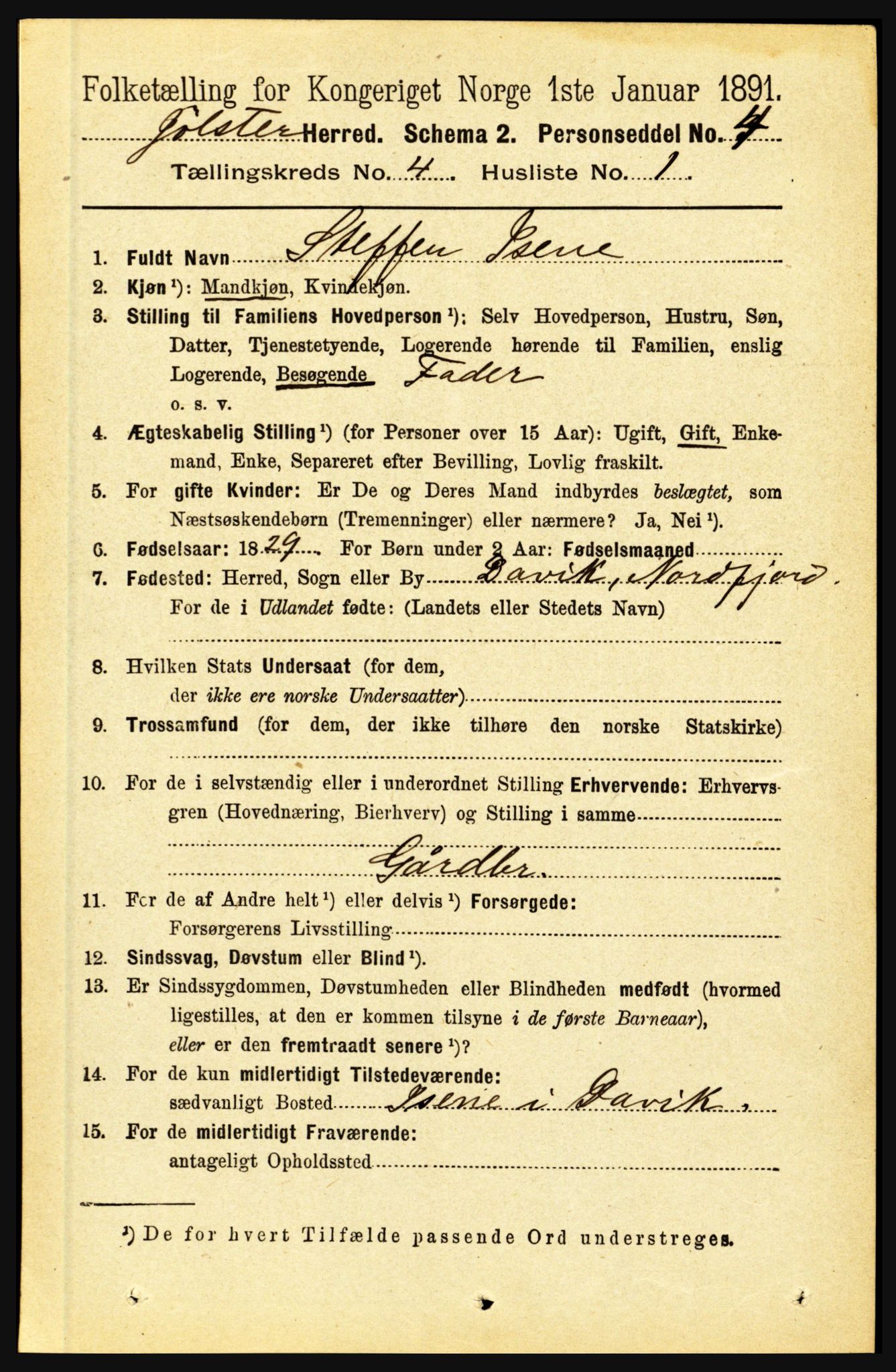 RA, 1891 census for 1431 Jølster, 1891, p. 1388