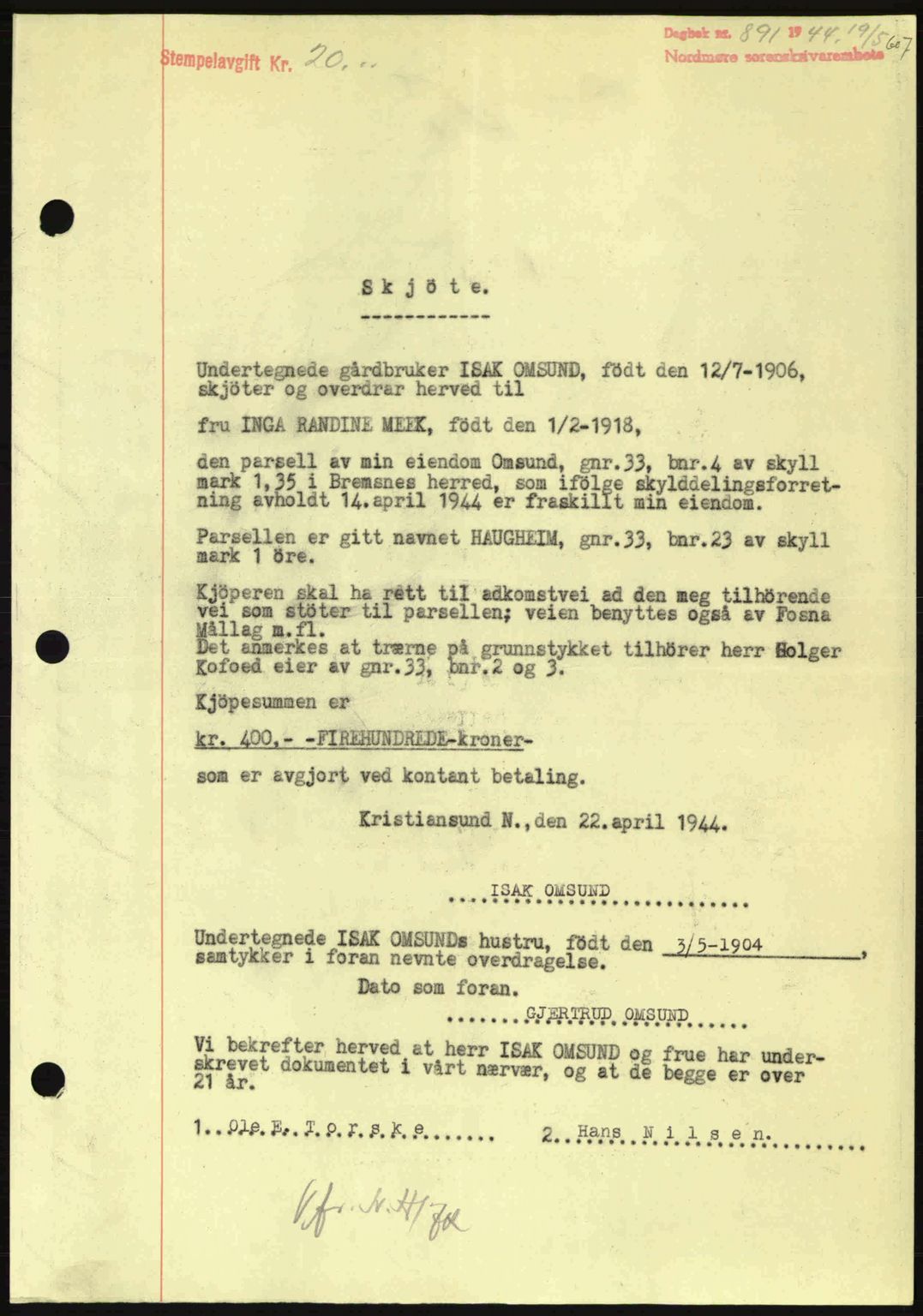 Nordmøre sorenskriveri, AV/SAT-A-4132/1/2/2Ca: Mortgage book no. A97, 1944-1944, Diary no: : 891/1944