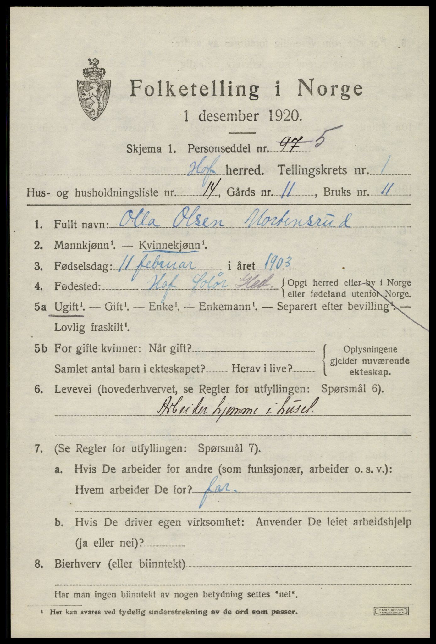 SAH, 1920 census for Hof, 1920, p. 1453