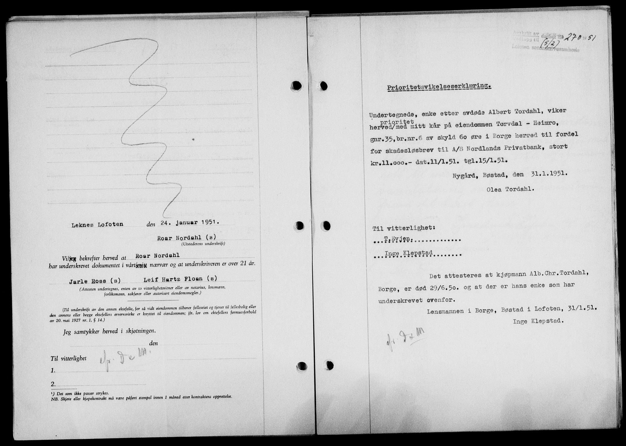 Lofoten sorenskriveri, SAT/A-0017/1/2/2C/L0025a: Mortgage book no. 25a, 1950-1951, Diary no: : 270/1951