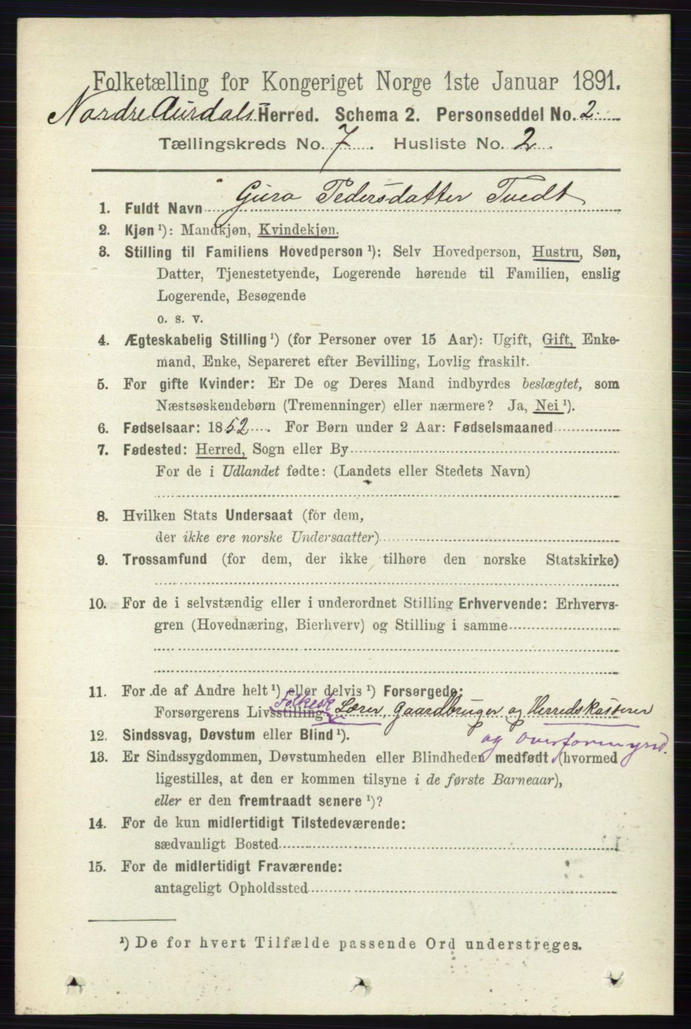 RA, 1891 census for 0542 Nord-Aurdal, 1891, p. 2389