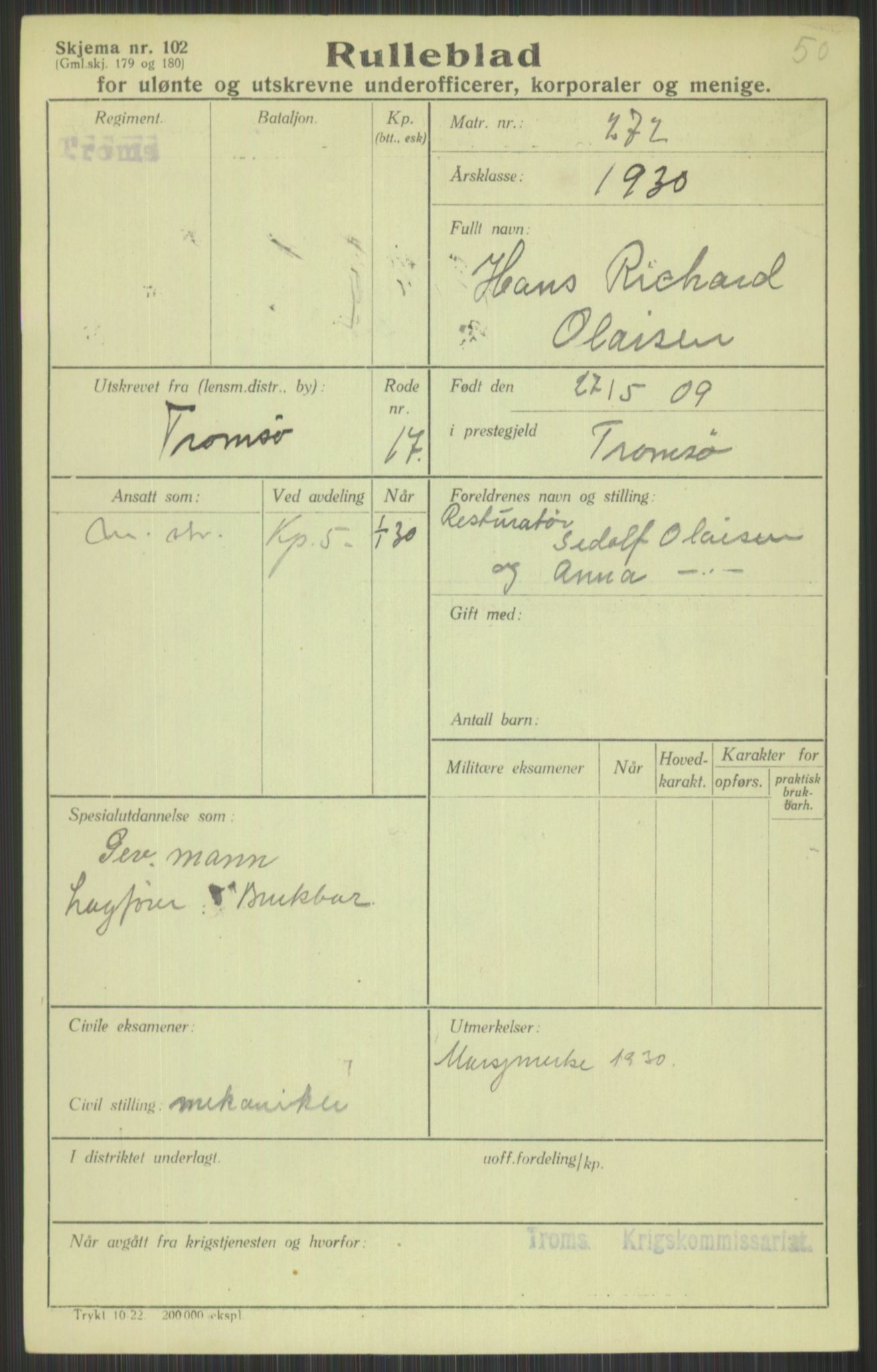 Forsvaret, Troms infanteriregiment nr. 16, AV/RA-RAFA-3146/P/Pa/L0014: Rulleblad for regimentets menige mannskaper, årsklasse 1930, 1930, p. 769