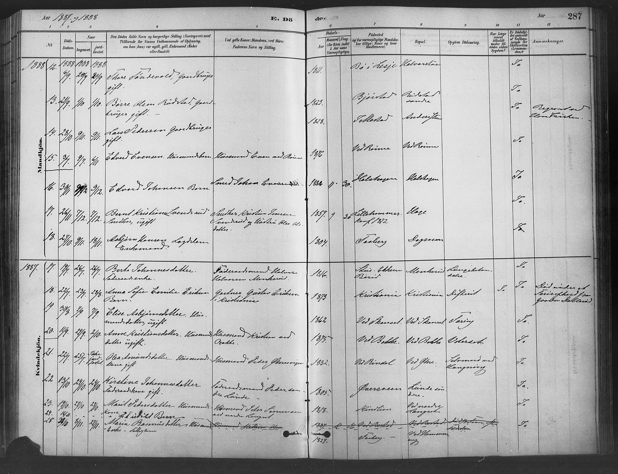 Fåberg prestekontor, SAH/PREST-086/H/Ha/Haa/L0009: Parish register (official) no. 9, 1879-1898, p. 287