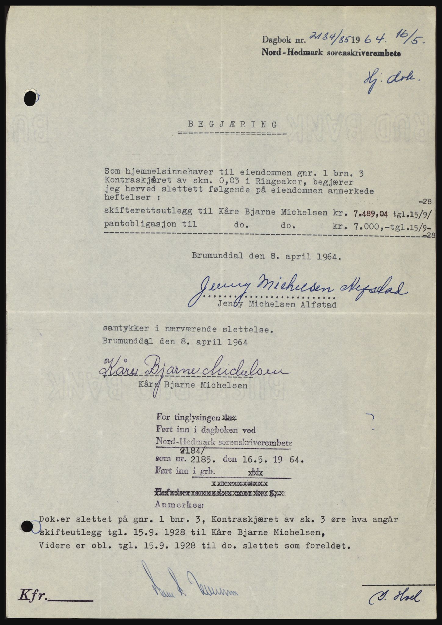 Nord-Hedmark sorenskriveri, SAH/TING-012/H/Hc/L0019: Mortgage book no. 19, 1963-1964, Diary no: : 2184/1964