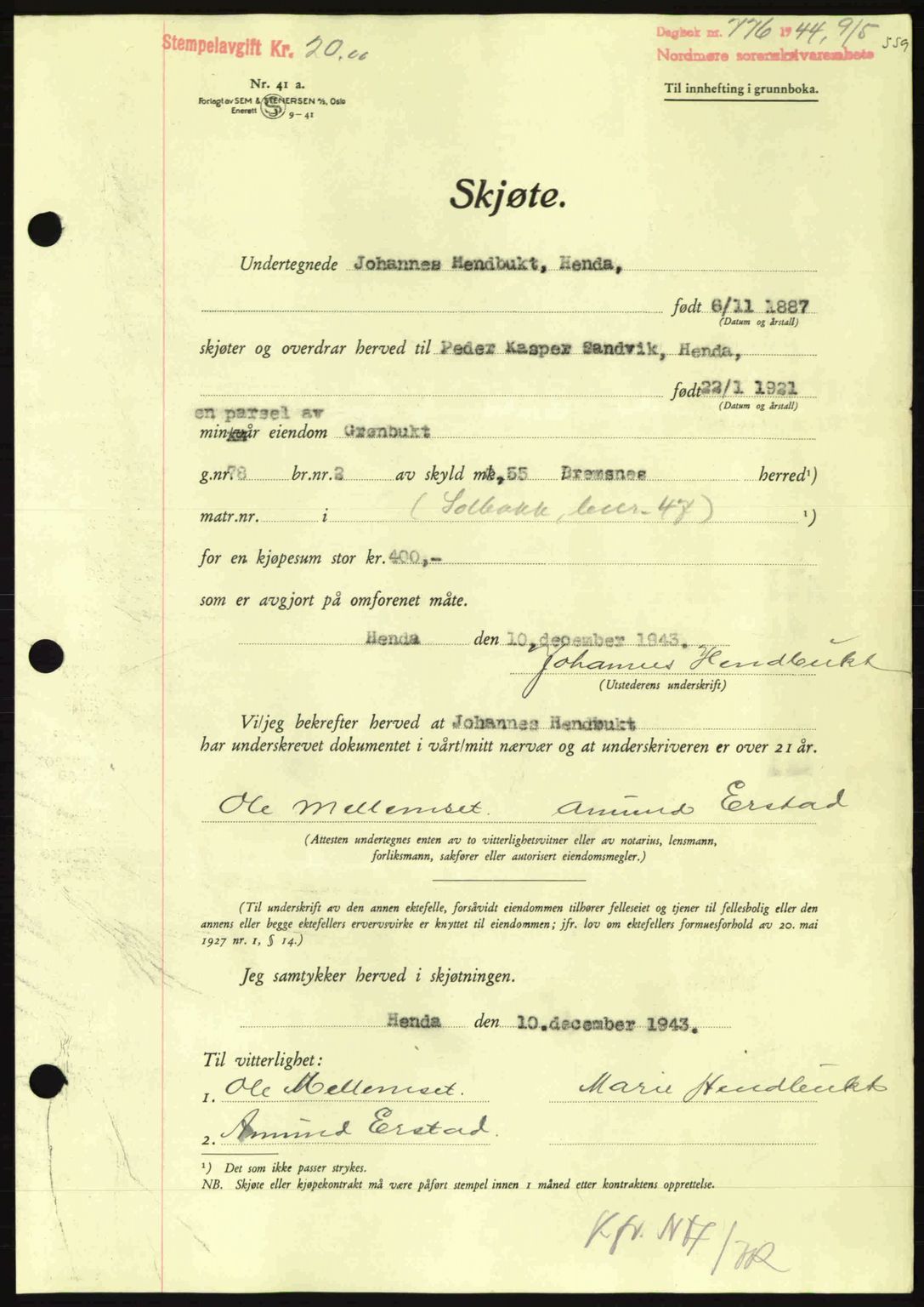 Nordmøre sorenskriveri, AV/SAT-A-4132/1/2/2Ca: Mortgage book no. A97, 1944-1944, Diary no: : 776/1944