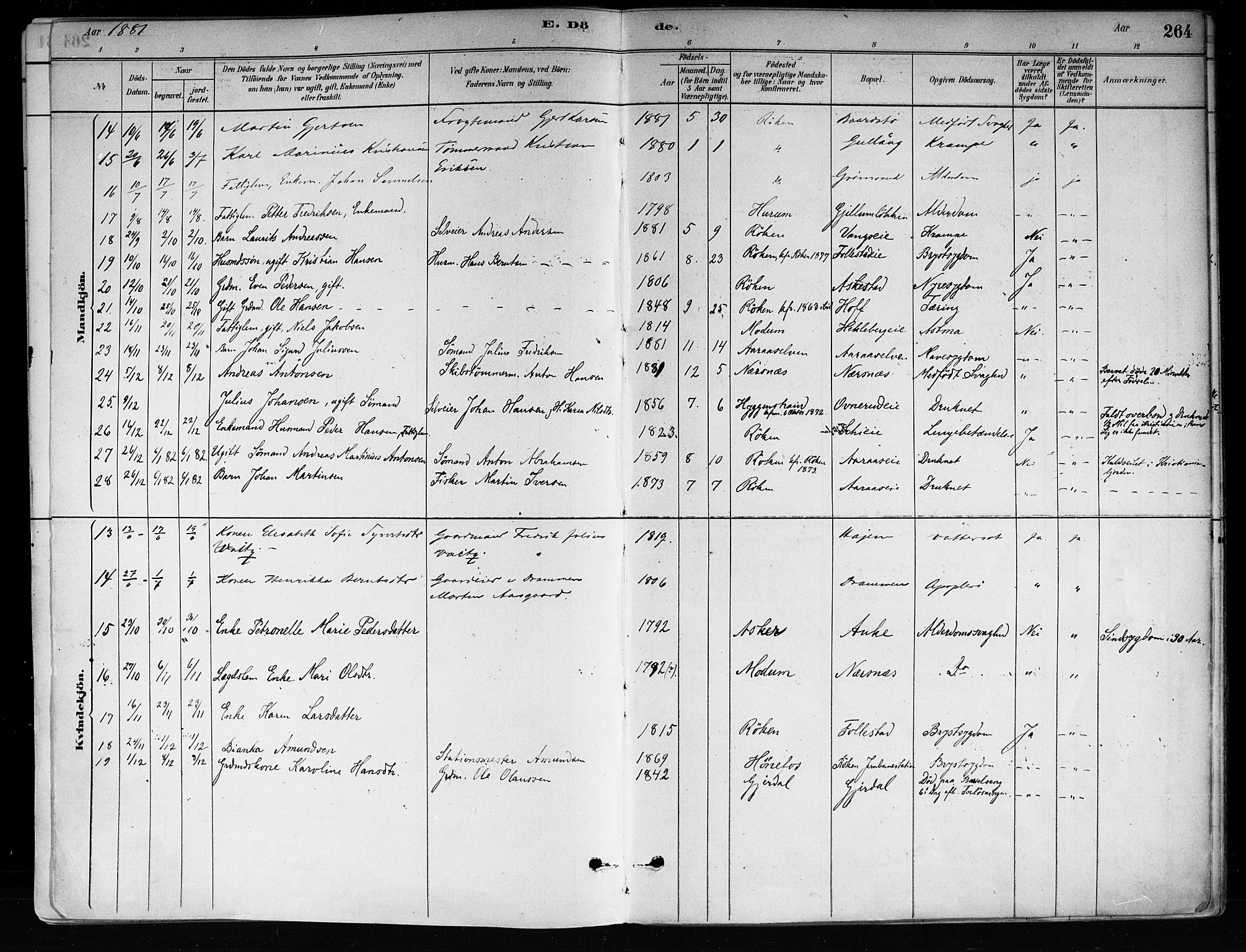 Røyken kirkebøker, SAKO/A-241/F/Fa/L0008: Parish register (official) no. 8, 1880-1897, p. 264