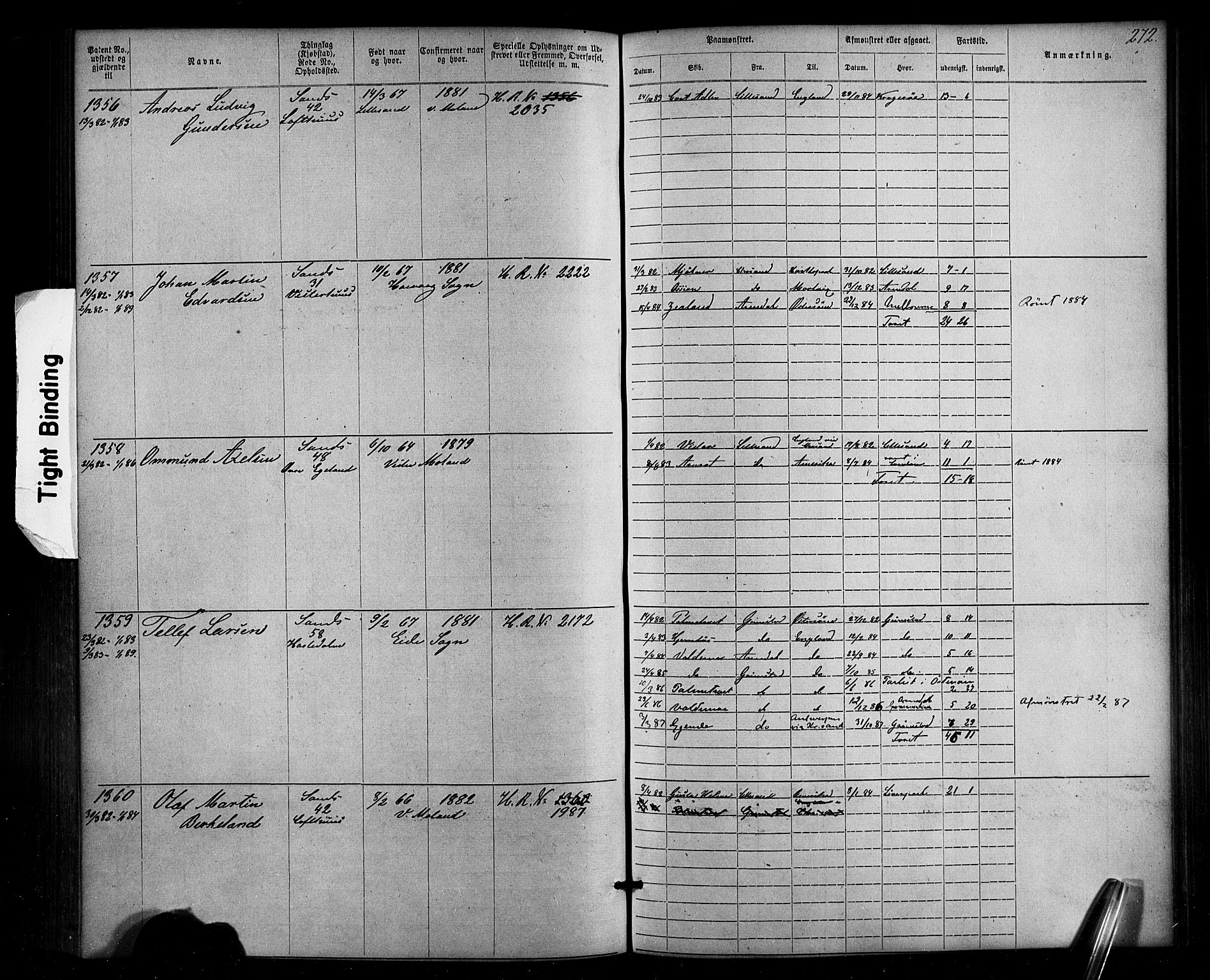 Lillesand mønstringskrets, SAK/2031-0014/F/Fa/L0002: Annotasjonsrulle nr 1-1910 med register, W-8, 1868-1891, p. 278