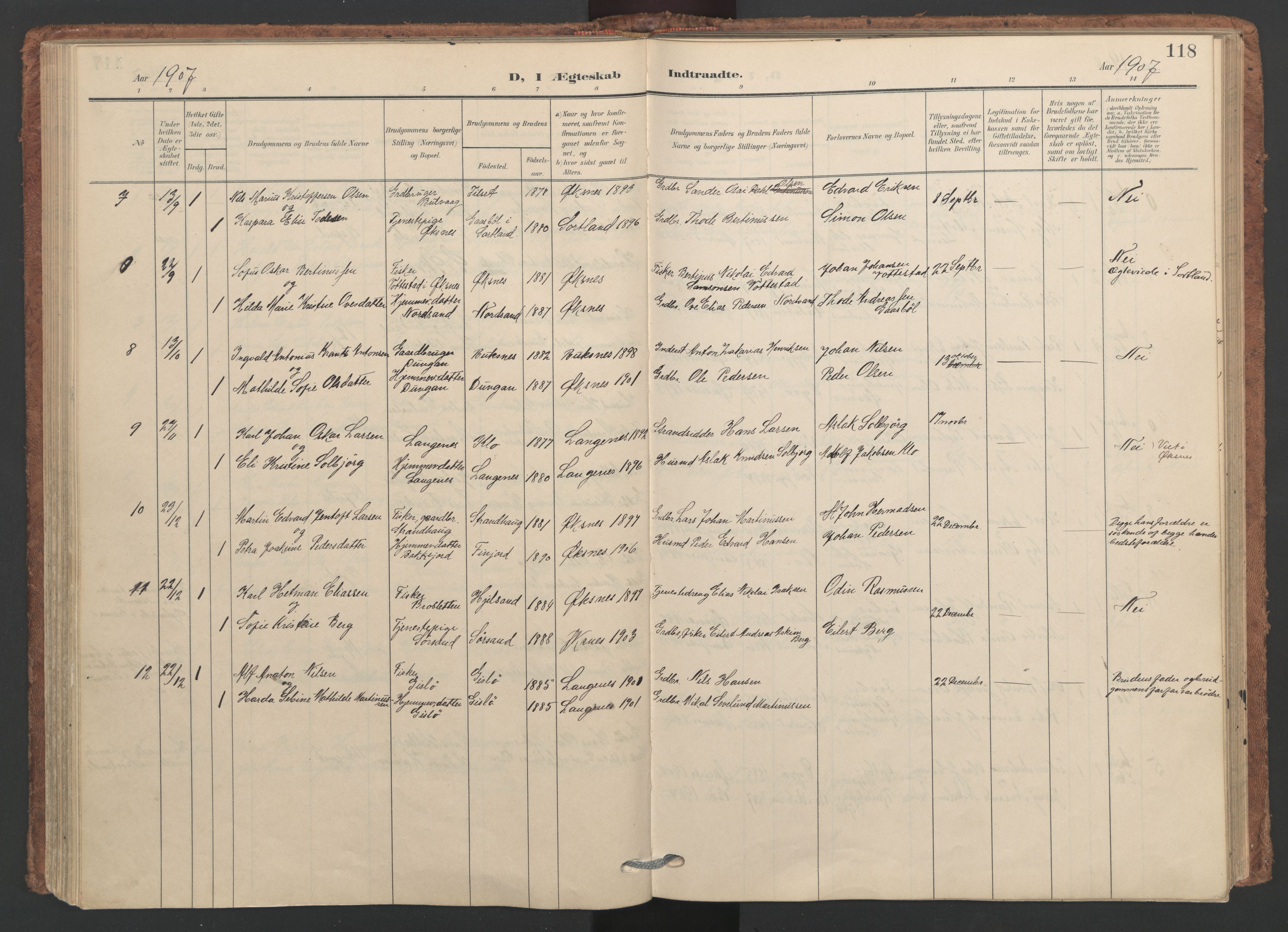 Ministerialprotokoller, klokkerbøker og fødselsregistre - Nordland, SAT/A-1459/893/L1339: Parish register (official) no. 893A11, 1904-1914, p. 118