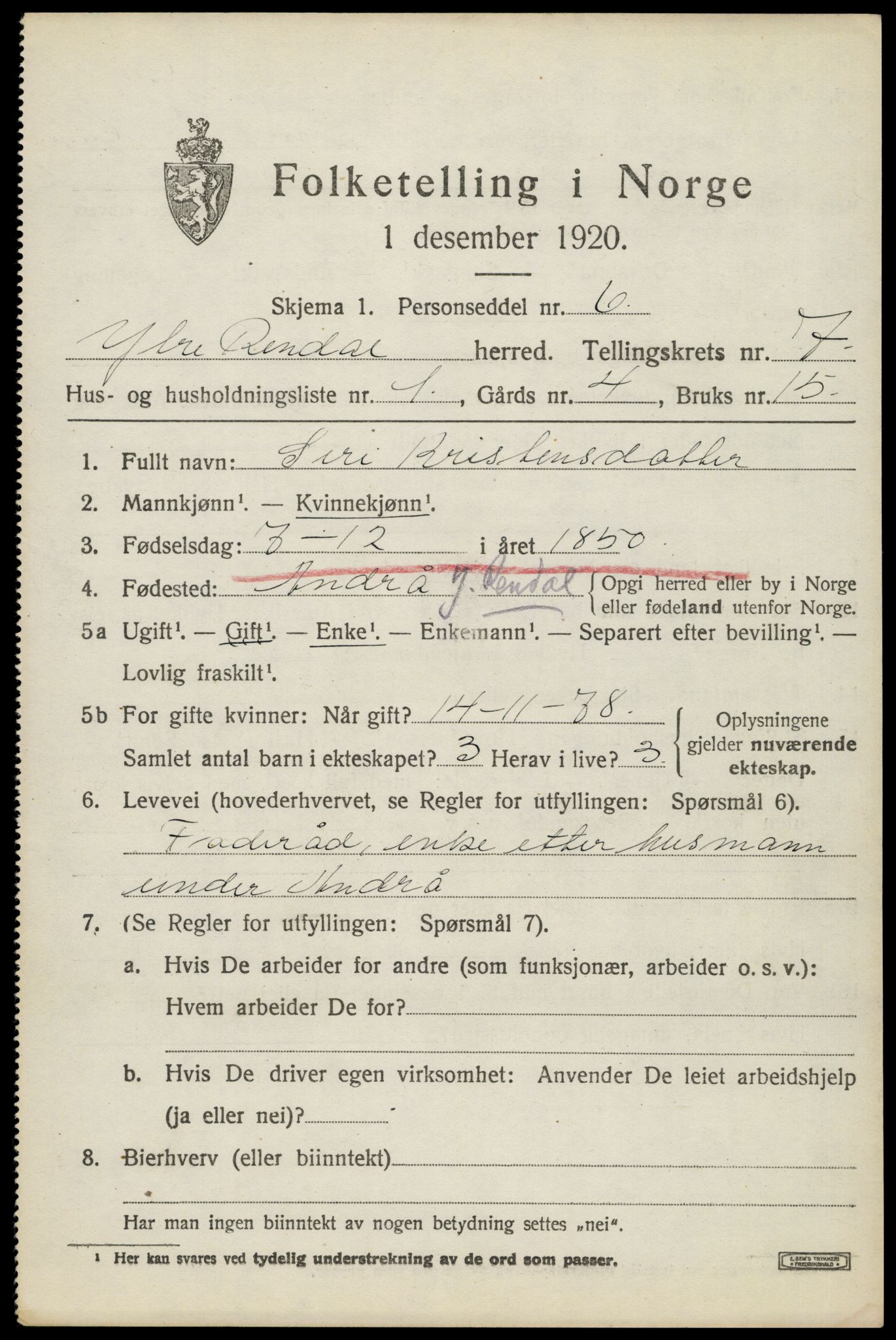 SAH, 1920 census for Ytre Rendal, 1920, p. 3655