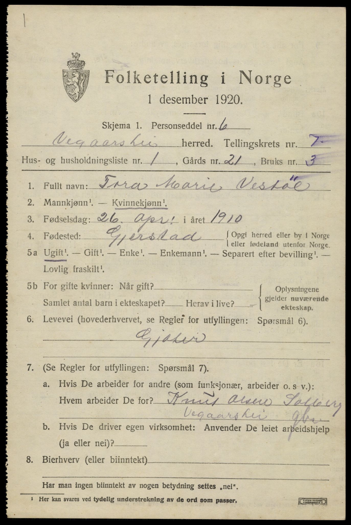 SAK, 1920 census for Vegårshei, 1920, p. 2466