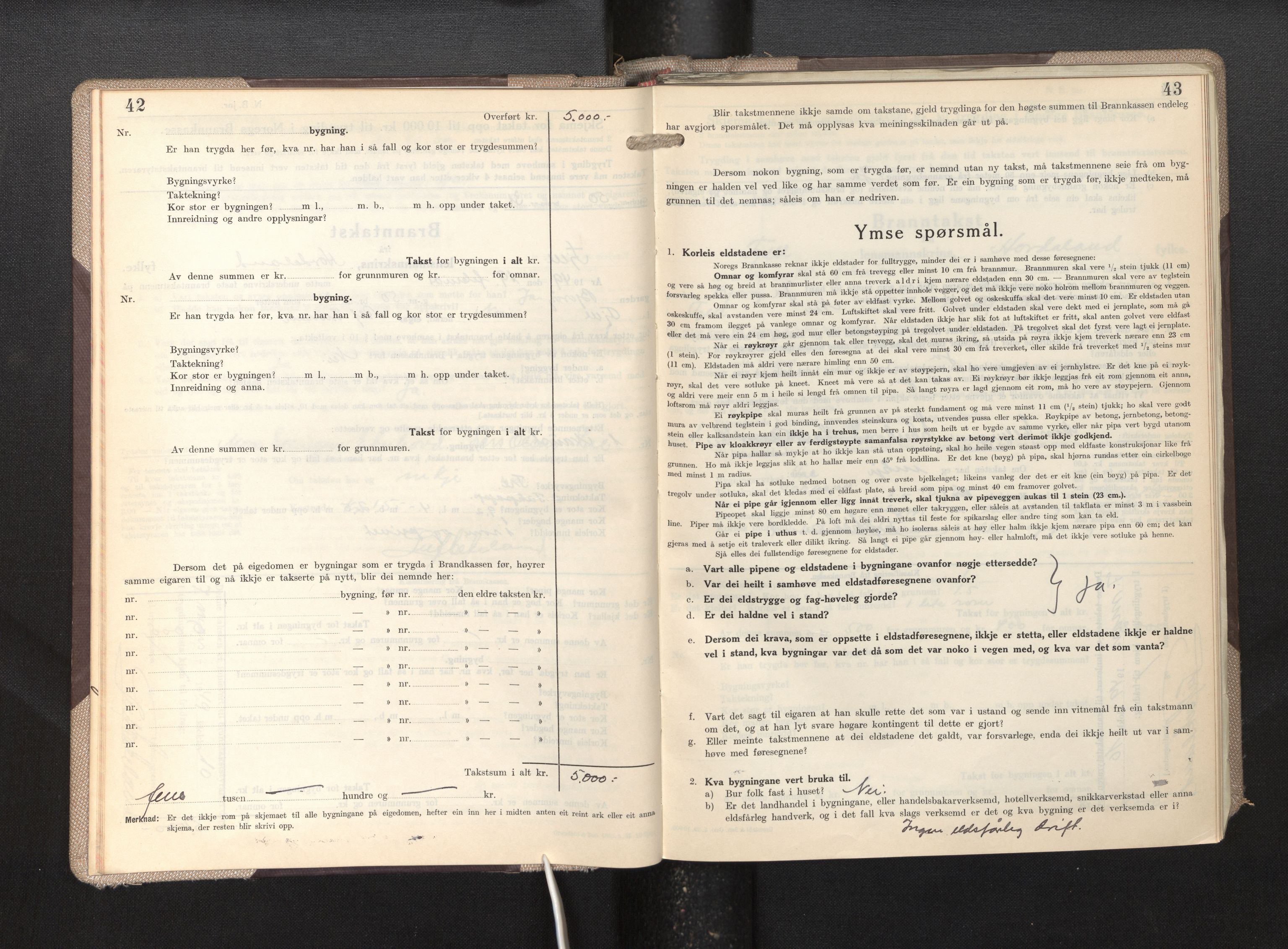 Lensmannen i Fjell, SAB/A-32301/0012/L0007: Branntakstprotokoll, skjematakst, 1946-1955, p. 42-43