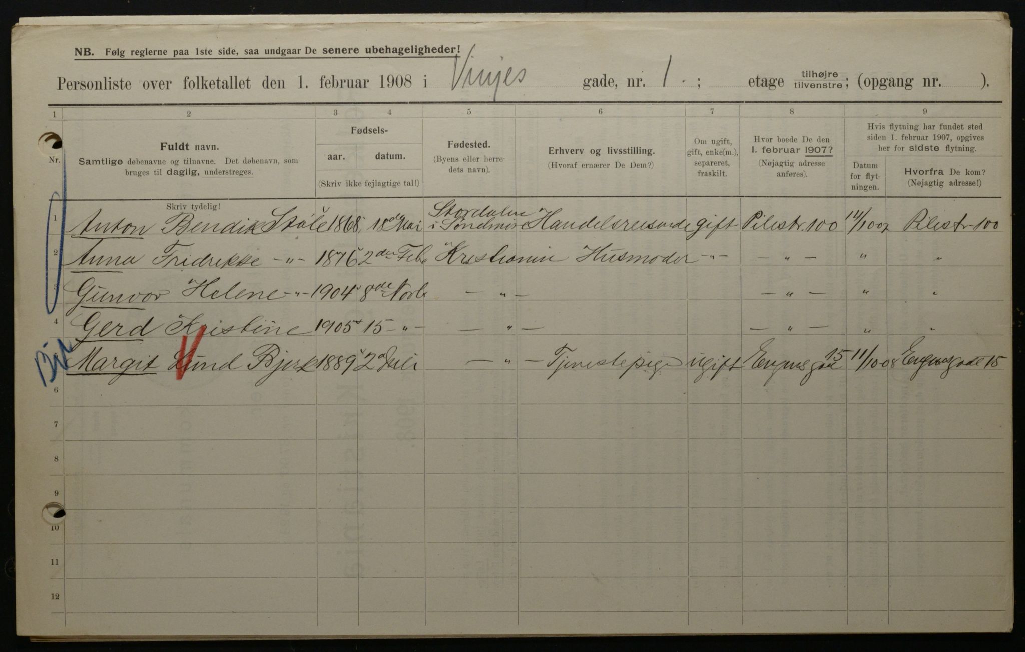 OBA, Municipal Census 1908 for Kristiania, 1908, p. 111056