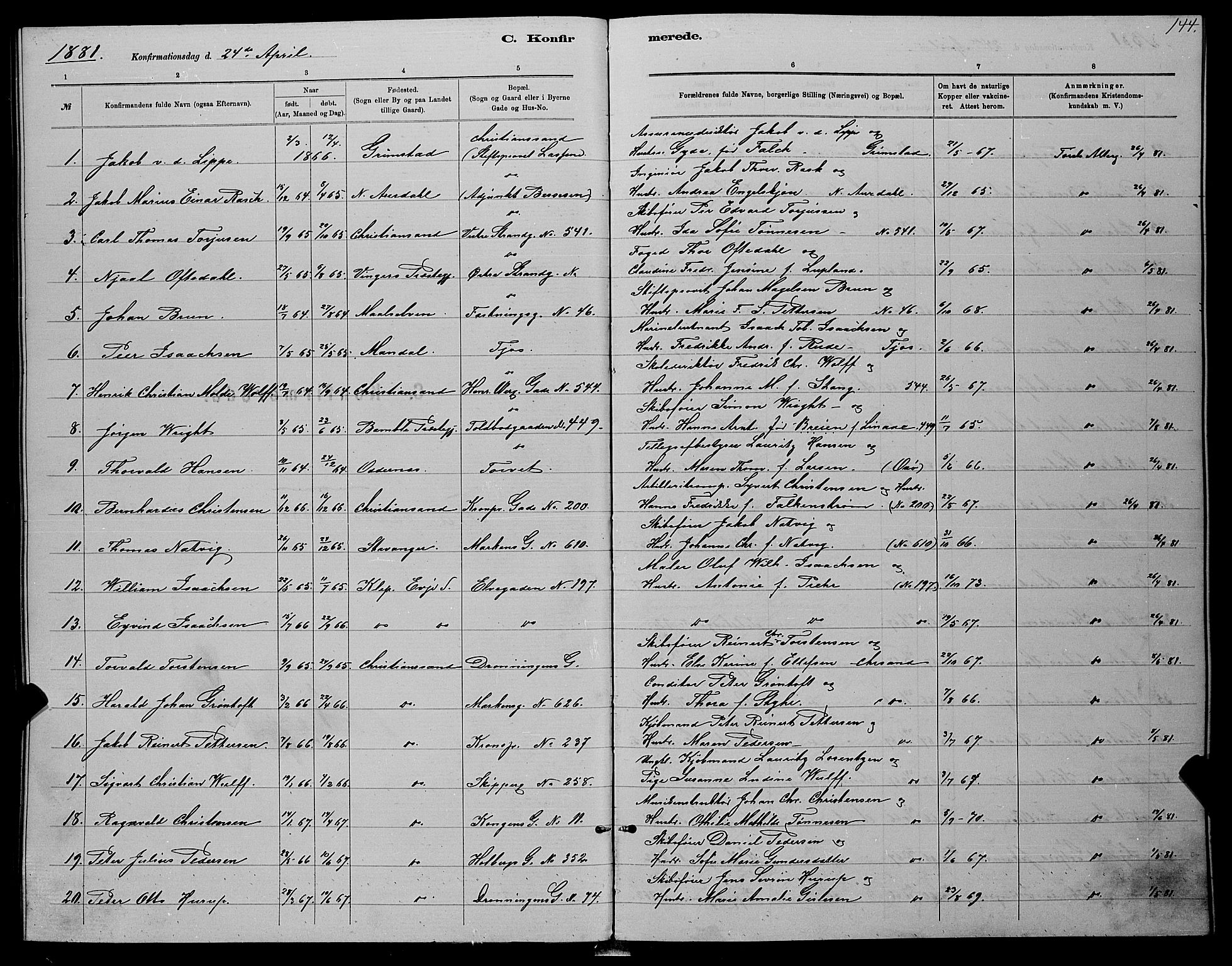 Kristiansand domprosti, SAK/1112-0006/F/Fb/L0016: Parish register (copy) no. B 16, 1881-1893, p. 144