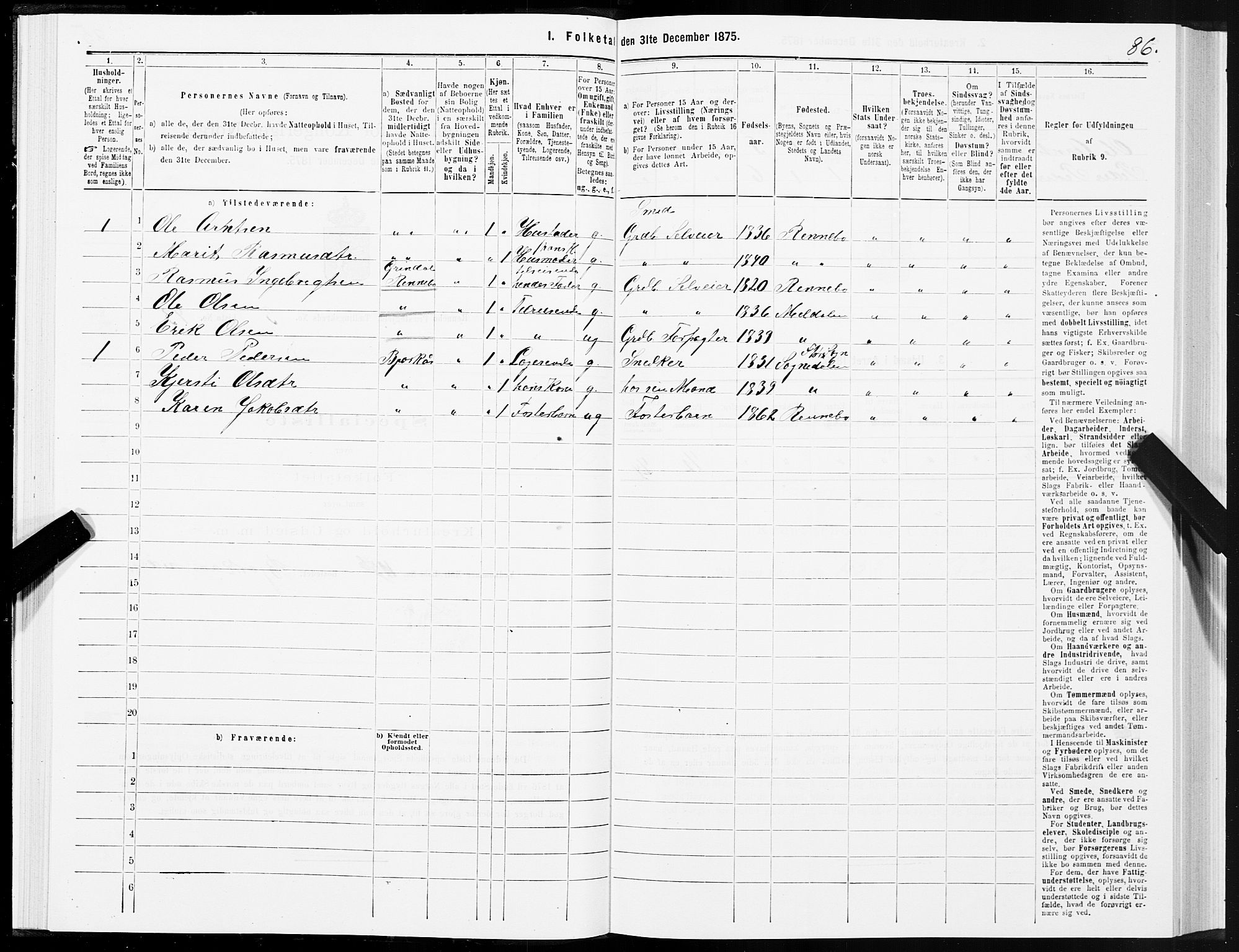 SAT, 1875 census for 1635P Rennebu, 1875, p. 2086