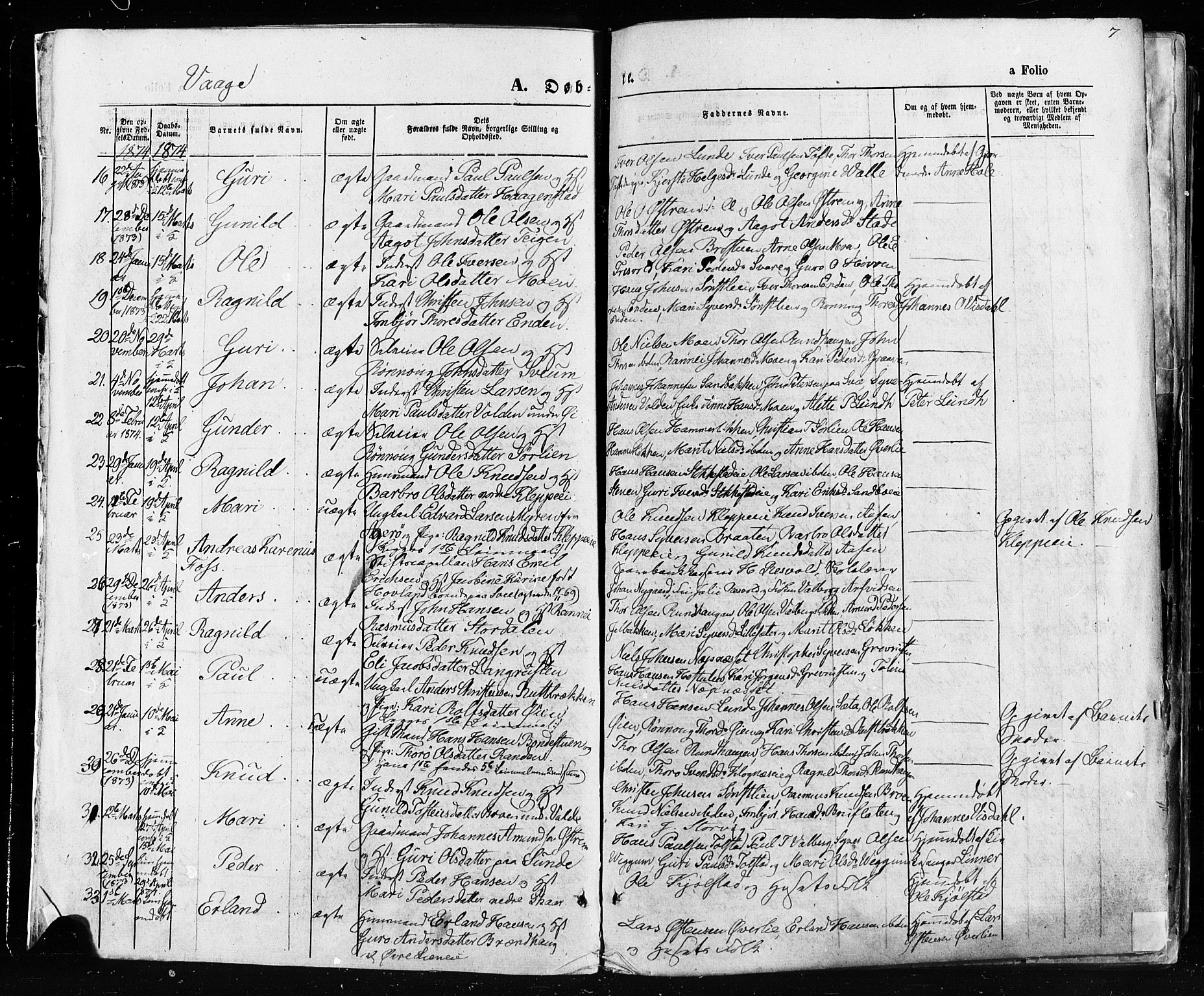 Vågå prestekontor, AV/SAH-PREST-076/H/Ha/Haa/L0007: Parish register (official) no. 7 /1, 1872-1886, p. 7