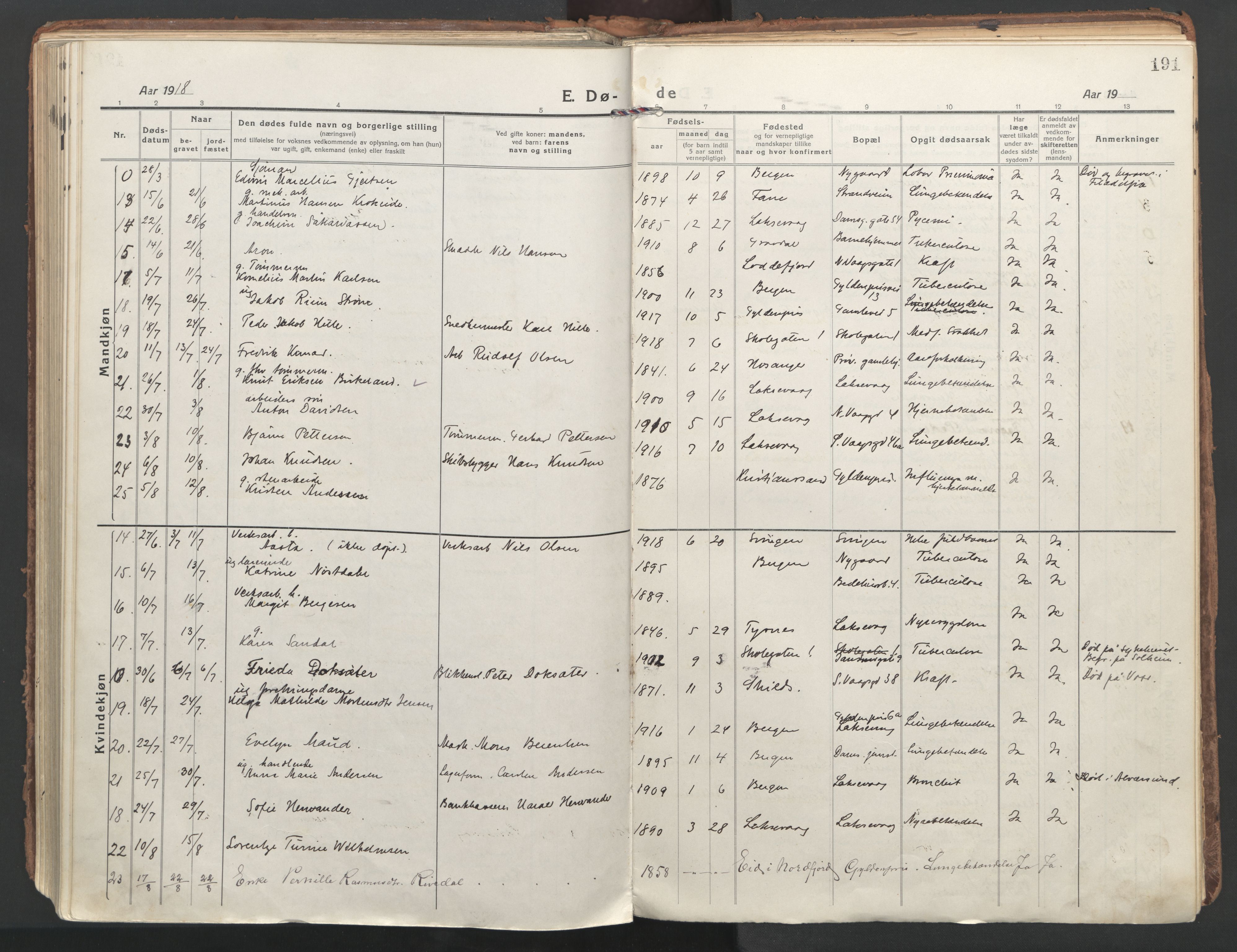 Laksevåg Sokneprestembete, AV/SAB-A-76501/H/Ha/Haa/Haaa/L0002: Parish register (official) no. A 2, 1917-1927, p. 191