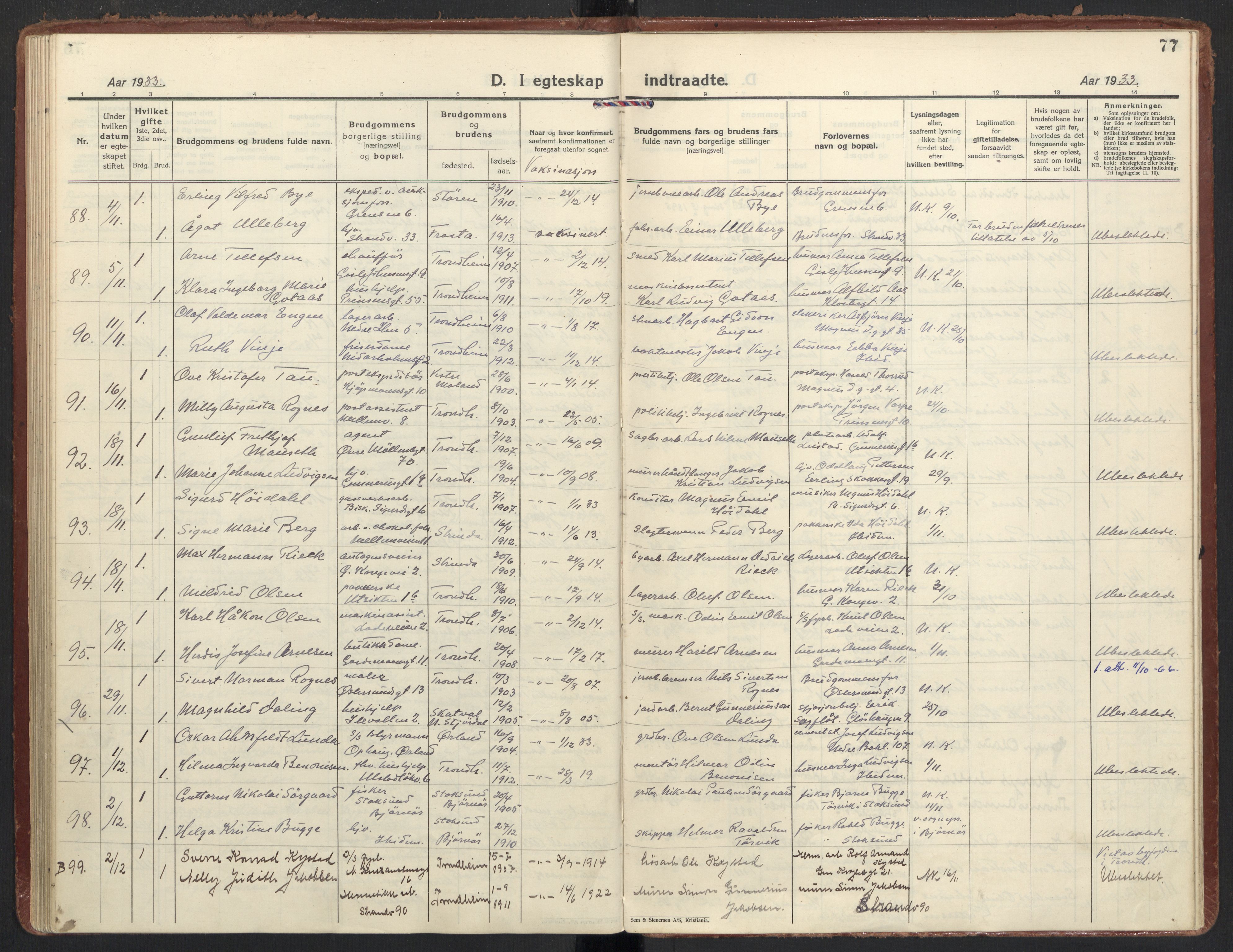 Ministerialprotokoller, klokkerbøker og fødselsregistre - Sør-Trøndelag, AV/SAT-A-1456/605/L0249: Parish register (official) no. 605A11, 1925-1936, p. 77