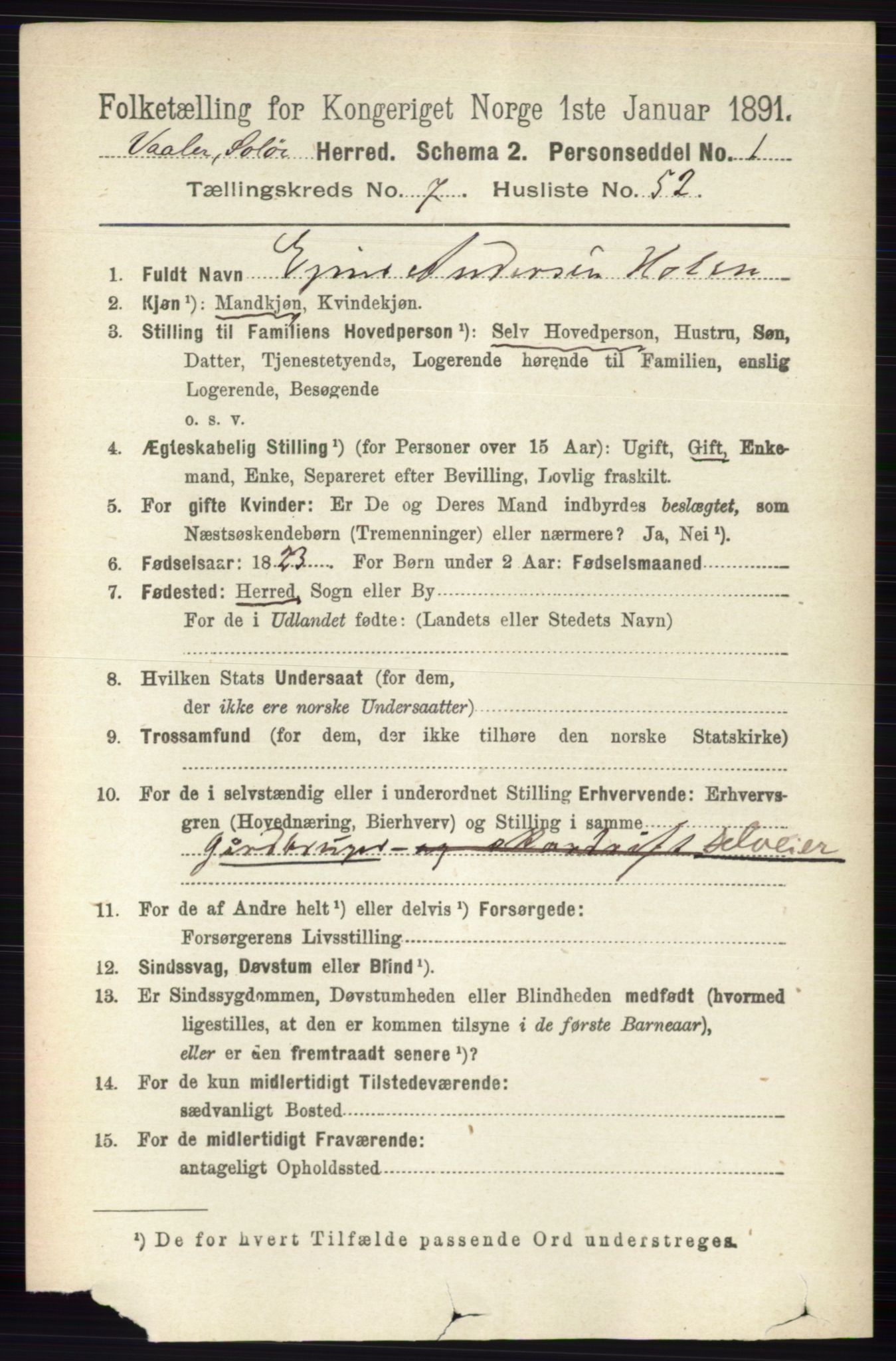 RA, 1891 census for 0426 Våler, 1891, p. 3241