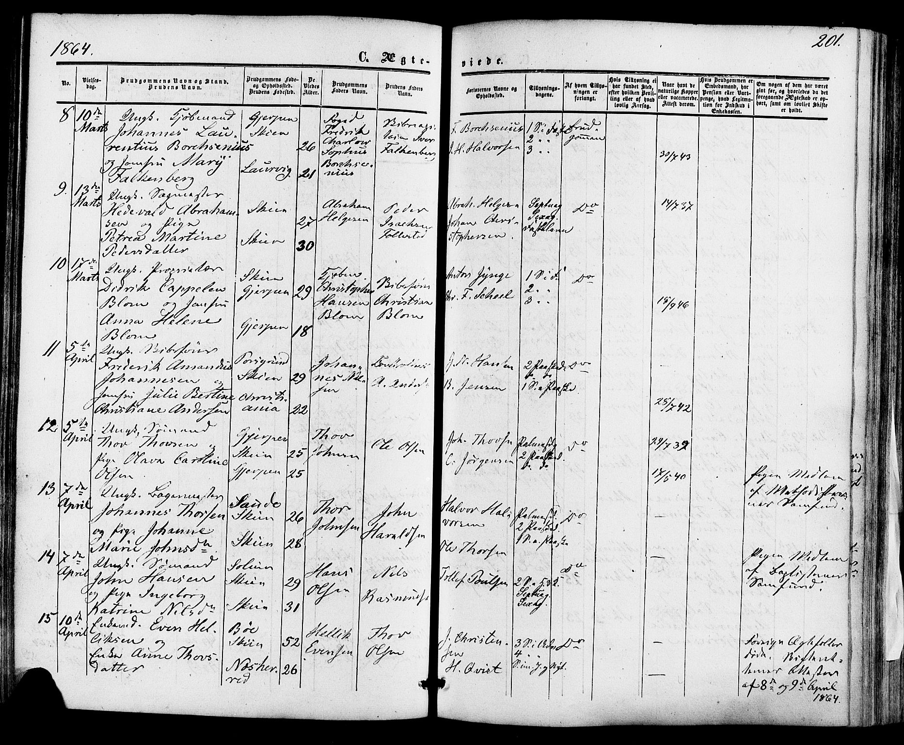 Skien kirkebøker, AV/SAKO-A-302/F/Fa/L0007: Parish register (official) no. 7, 1856-1865, p. 201