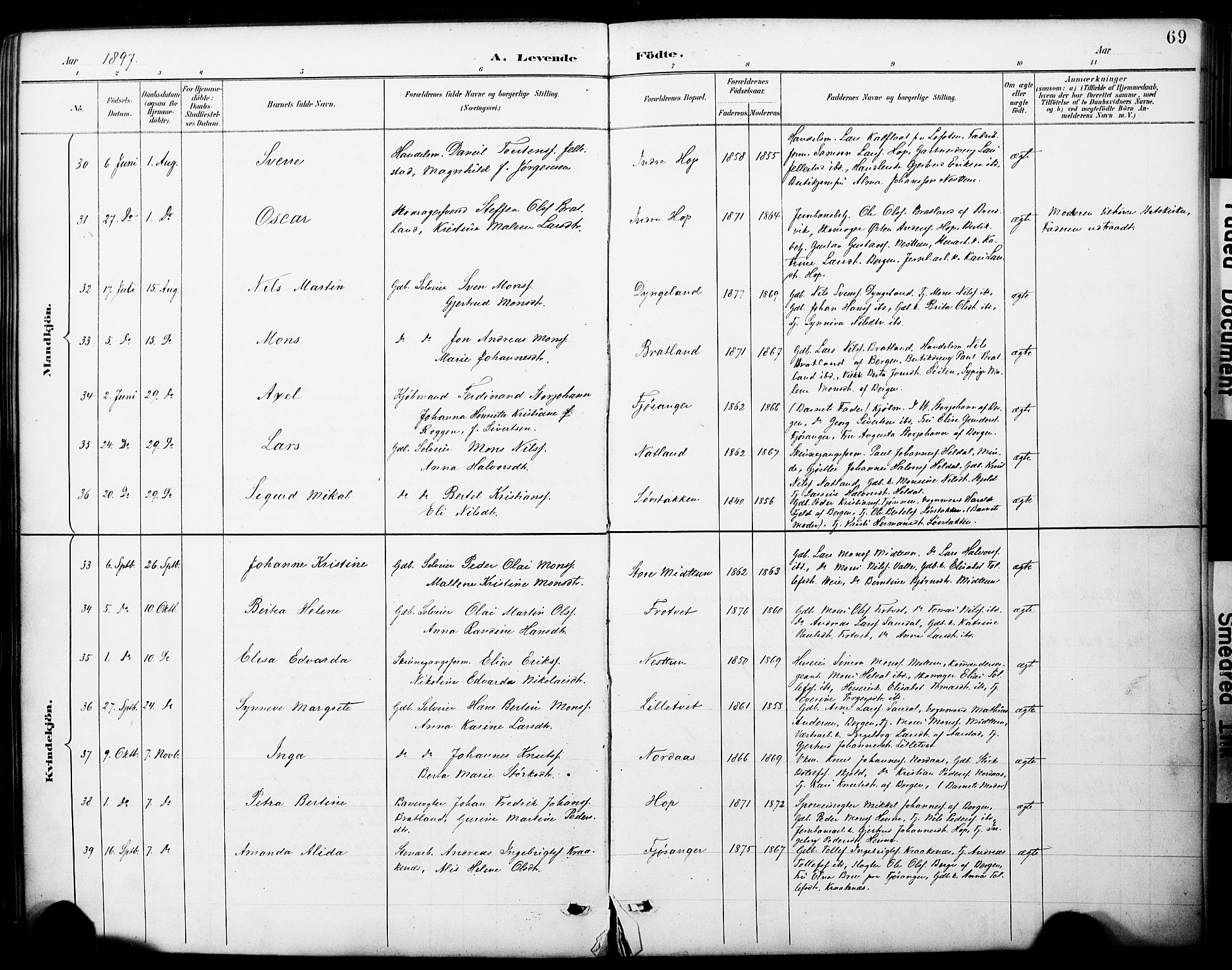 Fana Sokneprestembete, AV/SAB-A-75101/H/Haa/Haai/L0002: Parish register (official) no. I 2, 1888-1899, p. 69