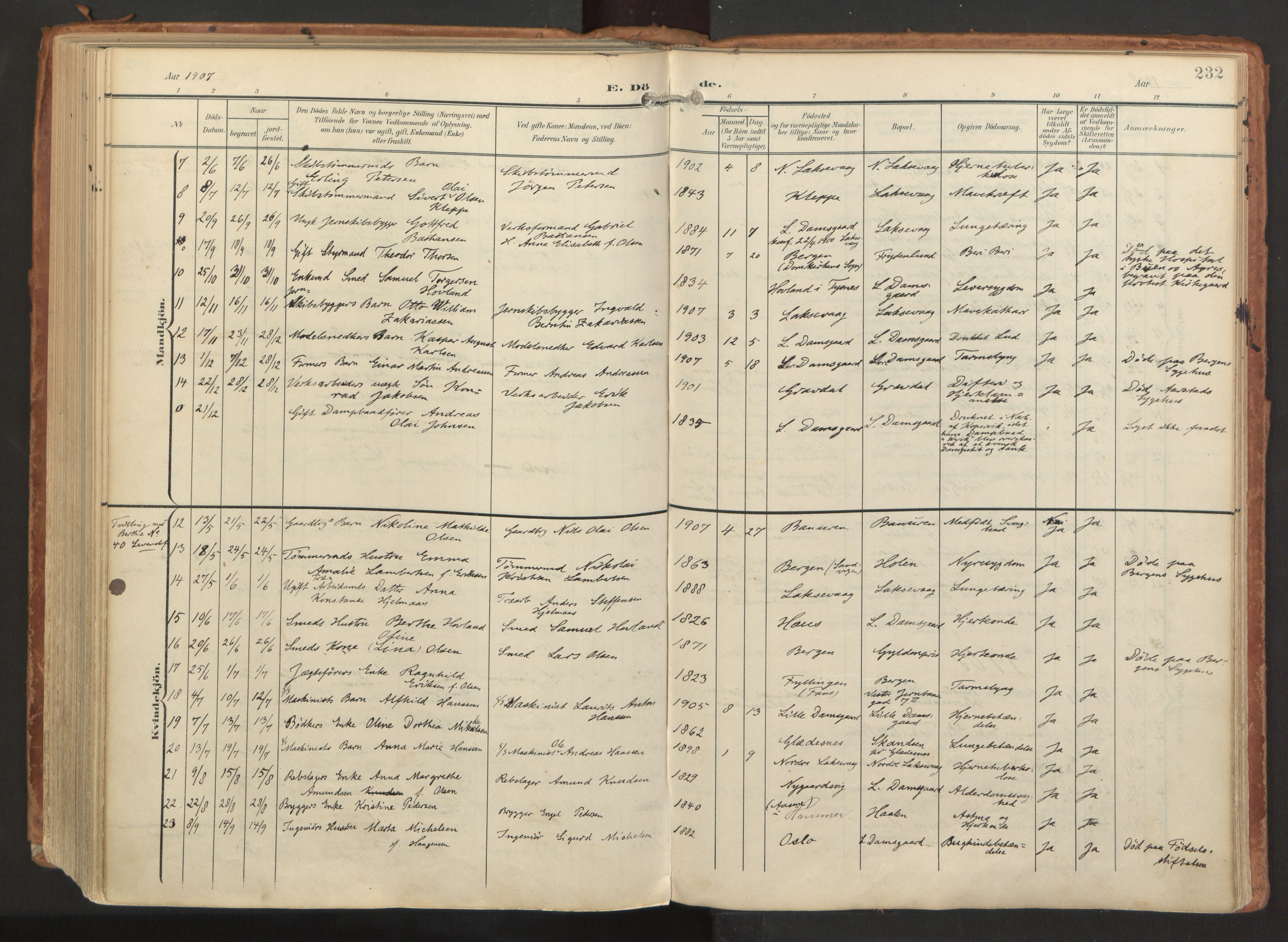 Laksevåg Sokneprestembete, AV/SAB-A-76501/H/Ha/Haa/Haaa/L0001: Parish register (official) no. A 1, 1903-1917, p. 232