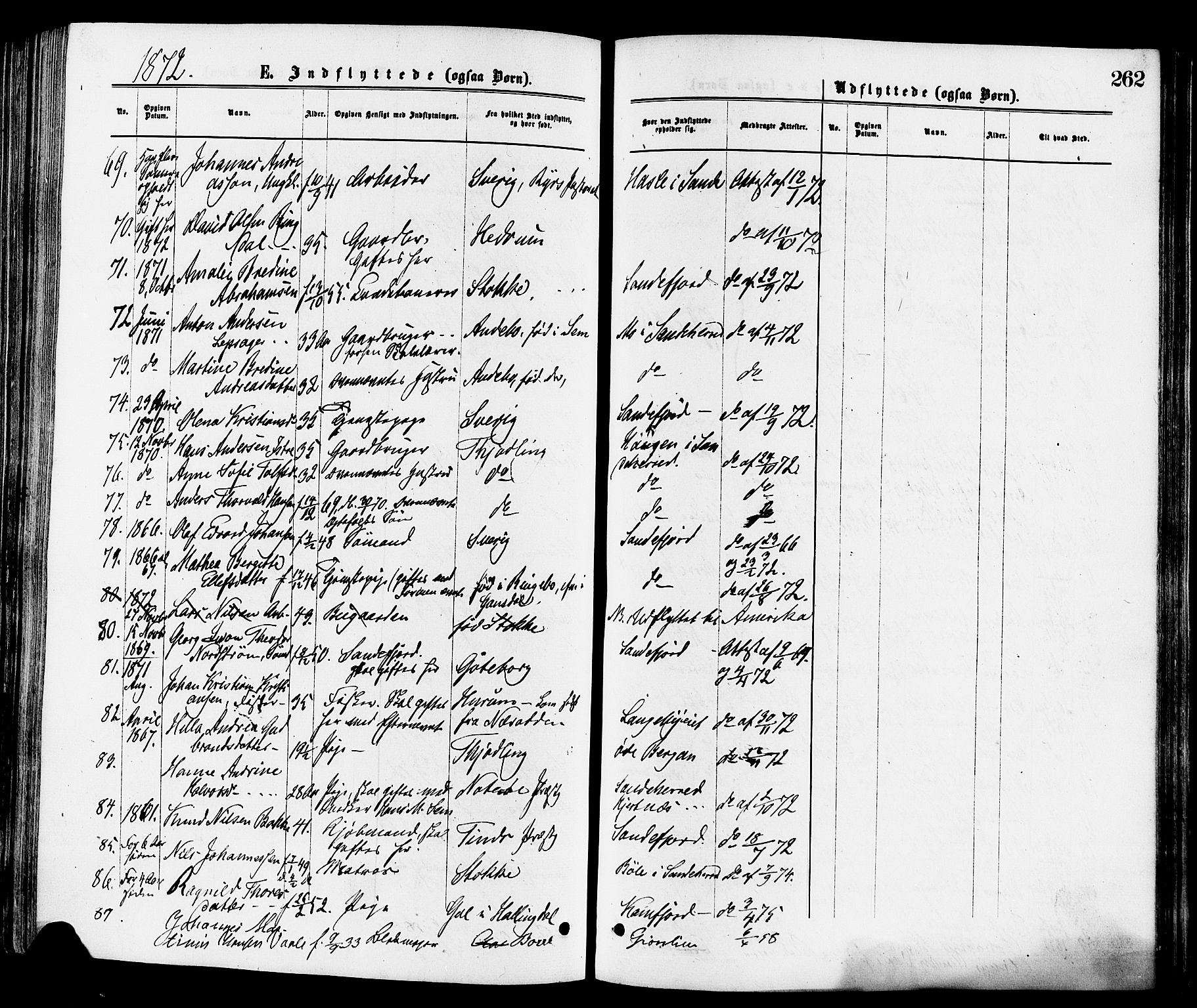 Sandar kirkebøker, AV/SAKO-A-243/F/Fa/L0011: Parish register (official) no. 11, 1872-1882, p. 262