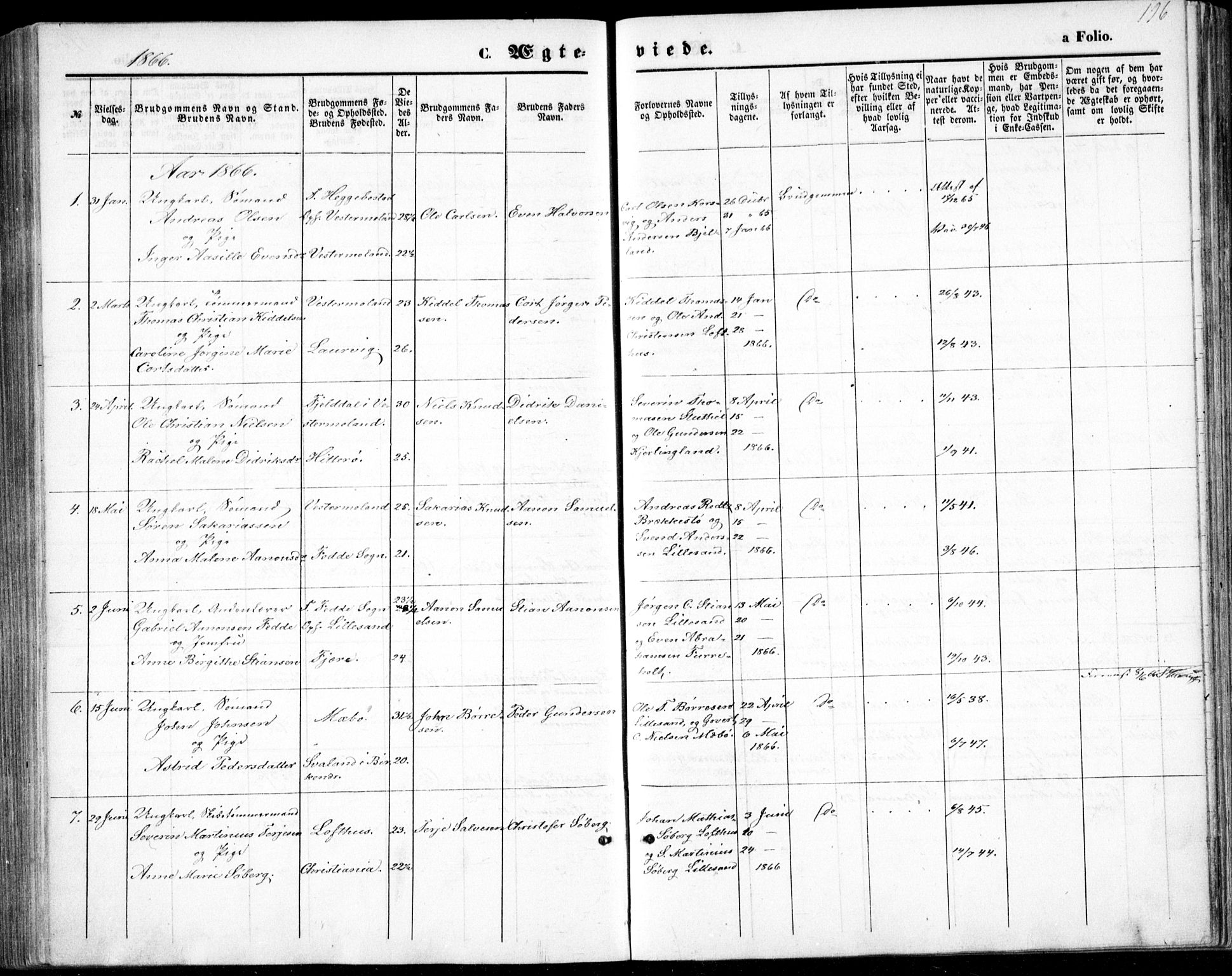 Vestre Moland sokneprestkontor, SAK/1111-0046/F/Fb/Fbb/L0004: Parish register (copy) no. B 4, 1861-1872, p. 196