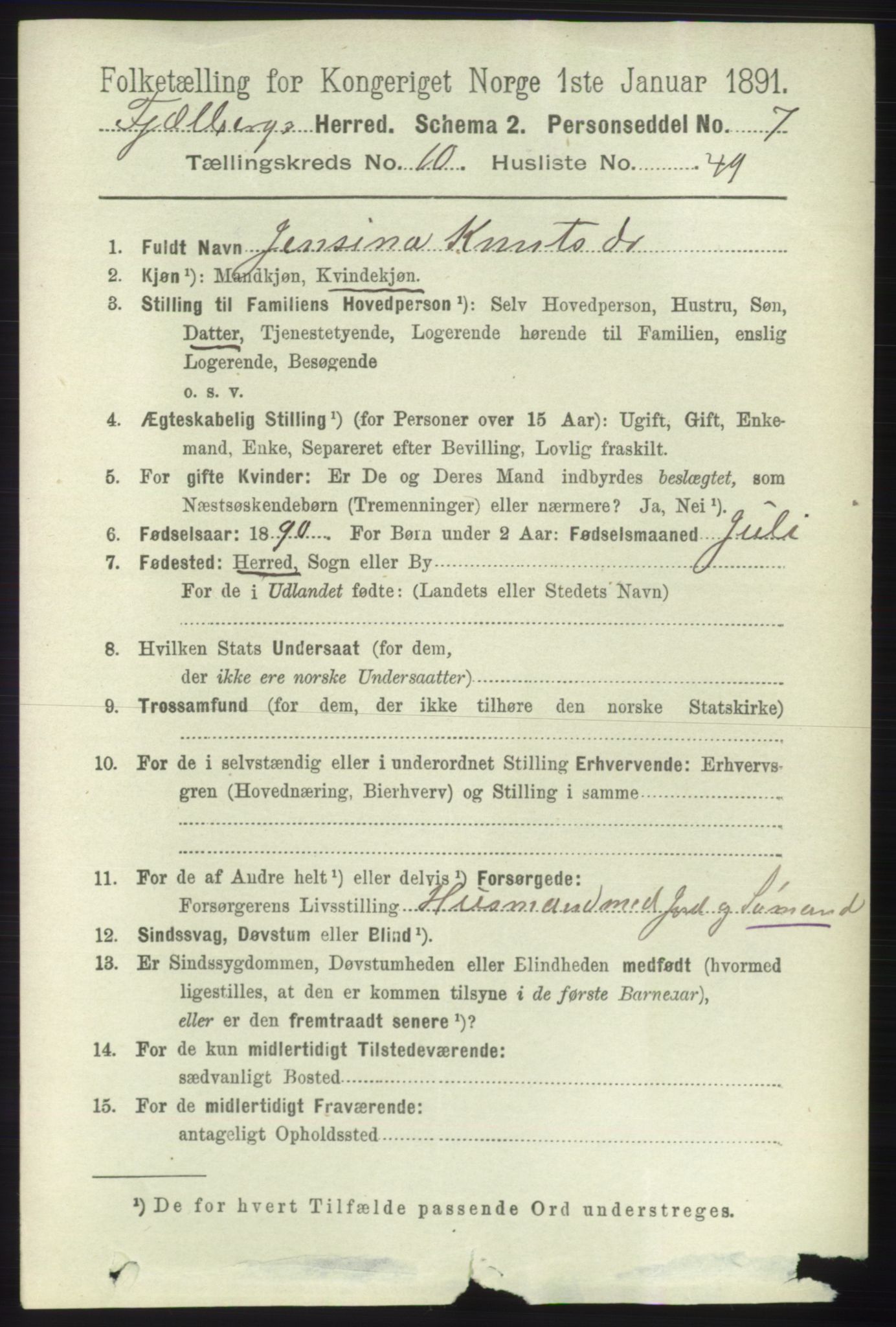 RA, 1891 census for 1213 Fjelberg, 1891, p. 4052