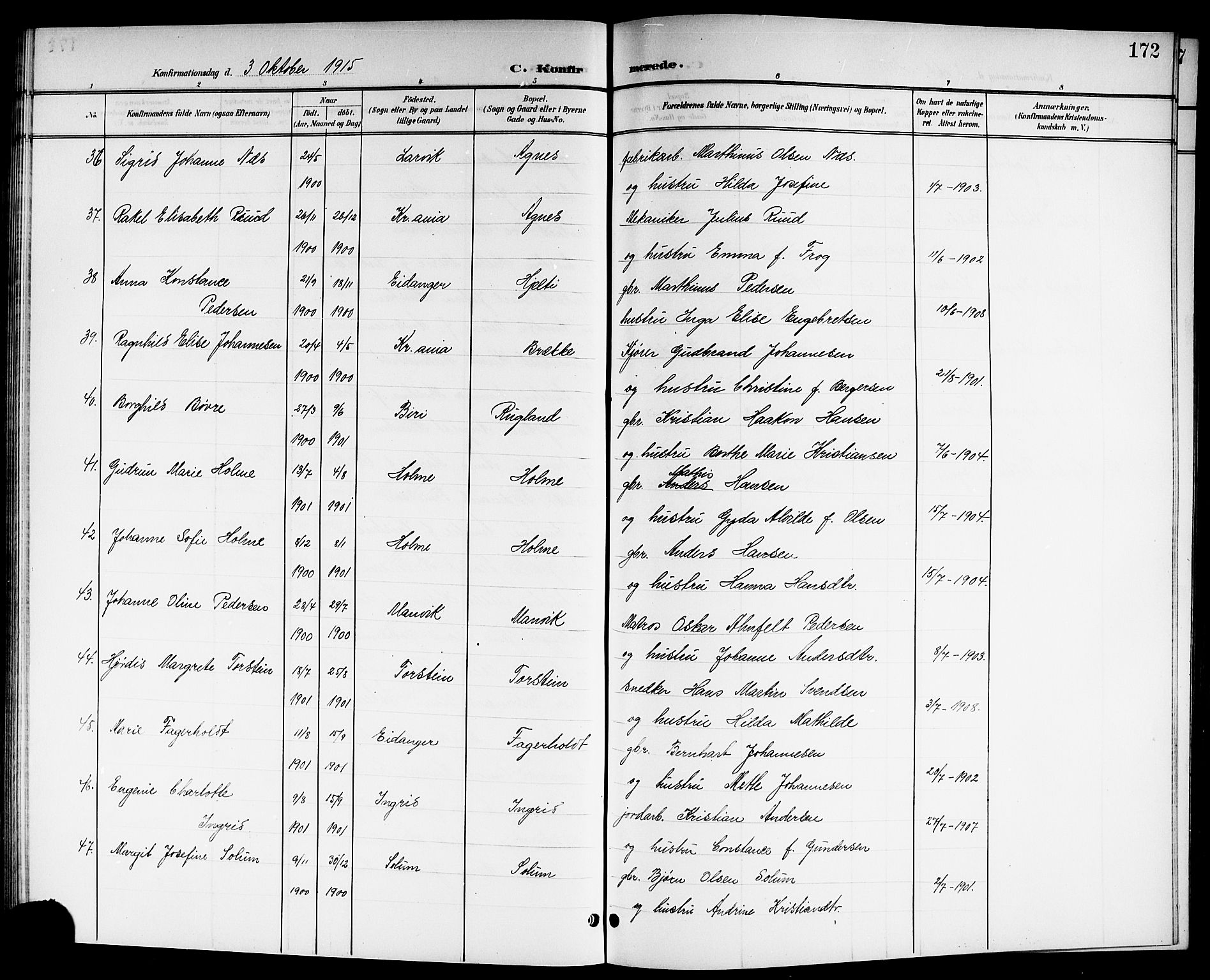 Brunlanes kirkebøker, SAKO/A-342/G/Ga/L0004: Parish register (copy) no. I 4, 1898-1921, p. 172