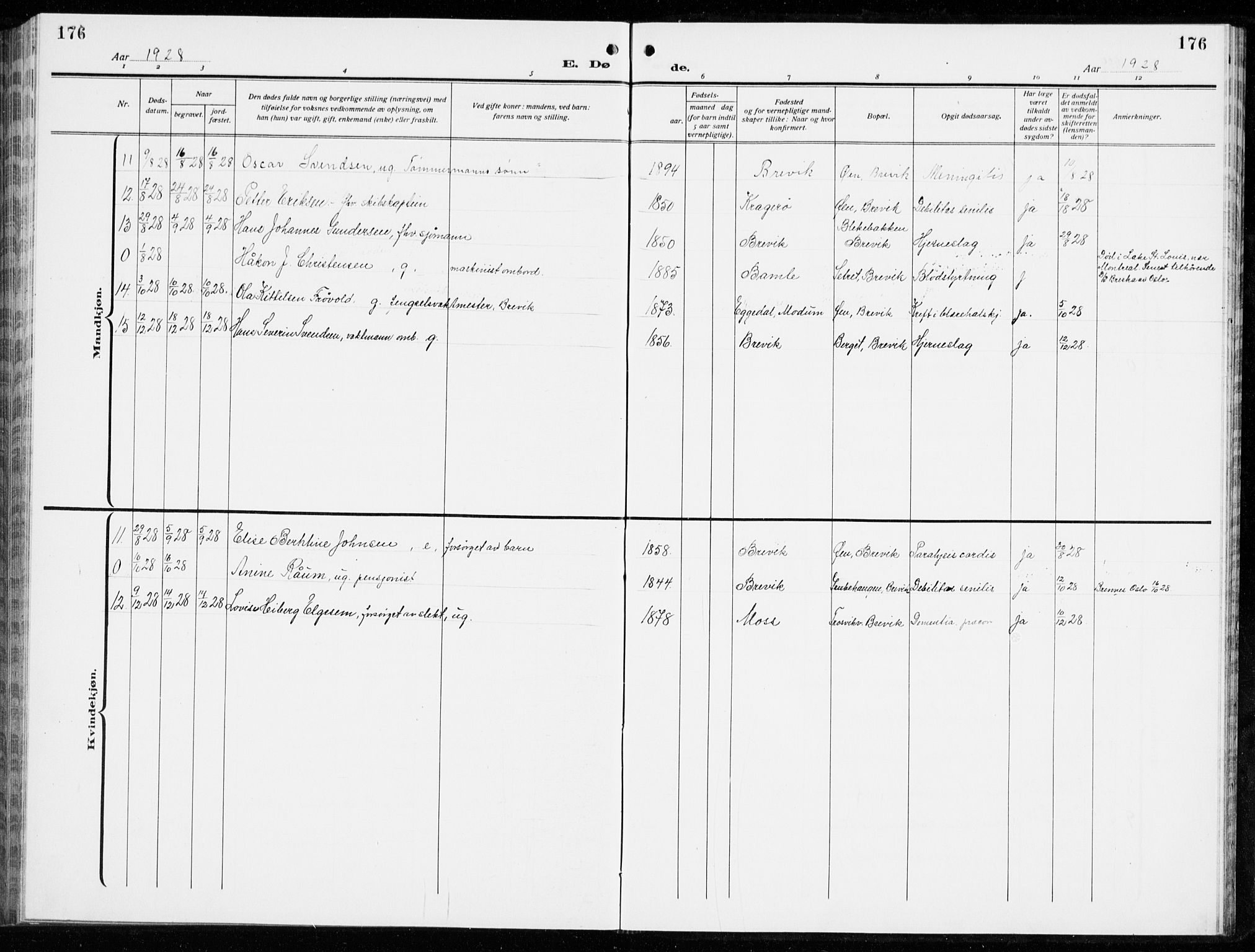 Brevik kirkebøker, AV/SAKO-A-255/G/Ga/L0006: Parish register (copy) no. 6, 1922-1940, p. 176