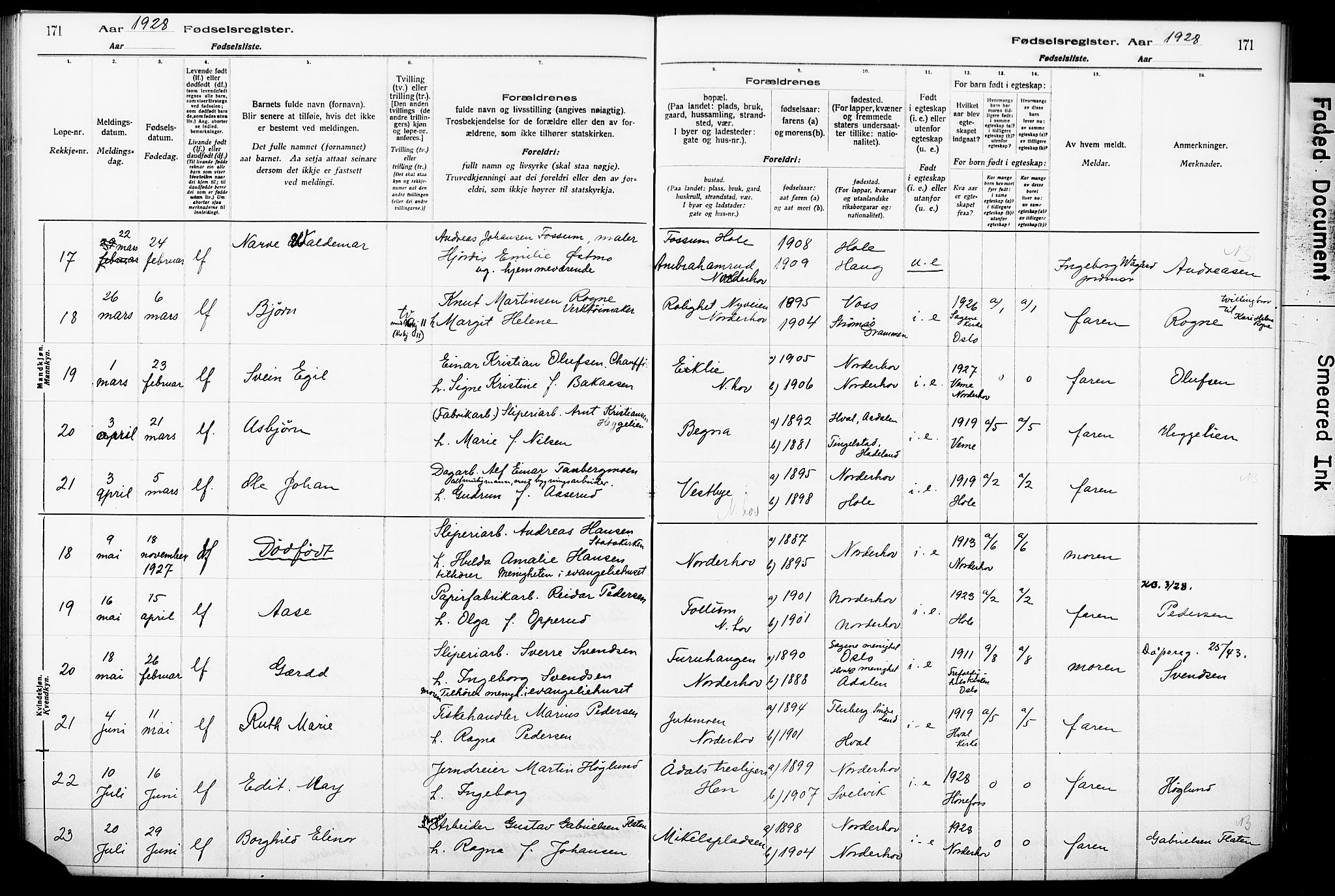 Norderhov kirkebøker, AV/SAKO-A-237/J/Ja/L0001: Birth register no. 1, 1916-1930, p. 171