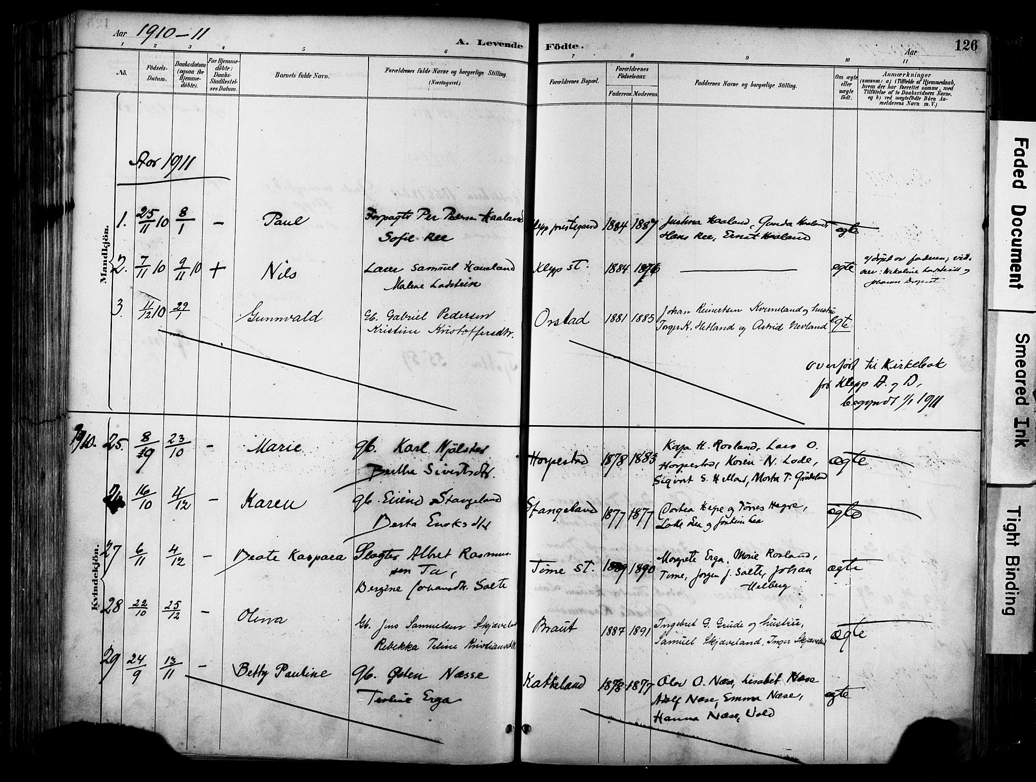 Klepp sokneprestkontor, AV/SAST-A-101803/001/3/30BA/L0009: Parish register (official) no. A 7, 1886-1915, p. 126