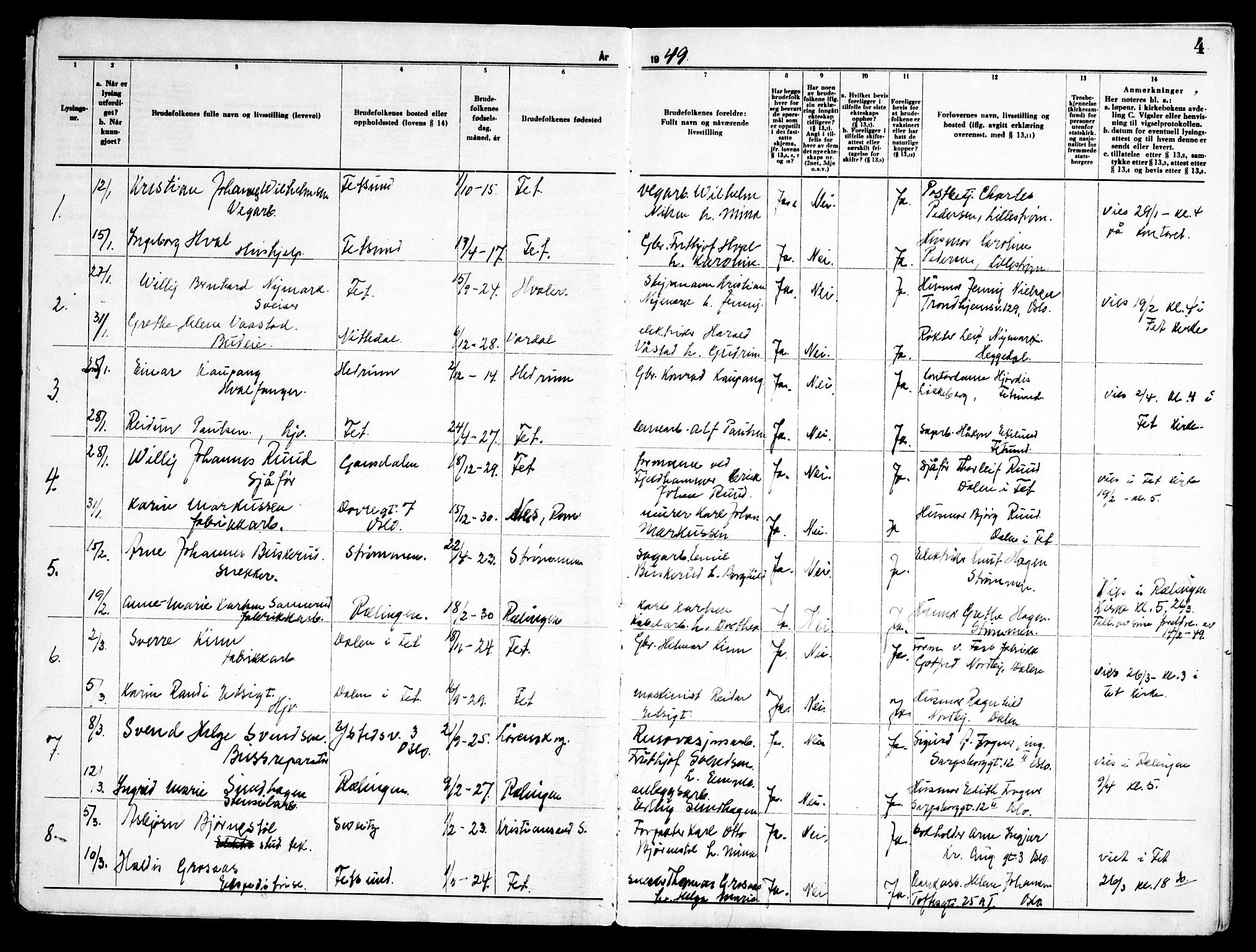 Fet prestekontor Kirkebøker, SAO/A-10370a/H/Ha/L0003: Banns register no. 3, 1948-1966, p. 4