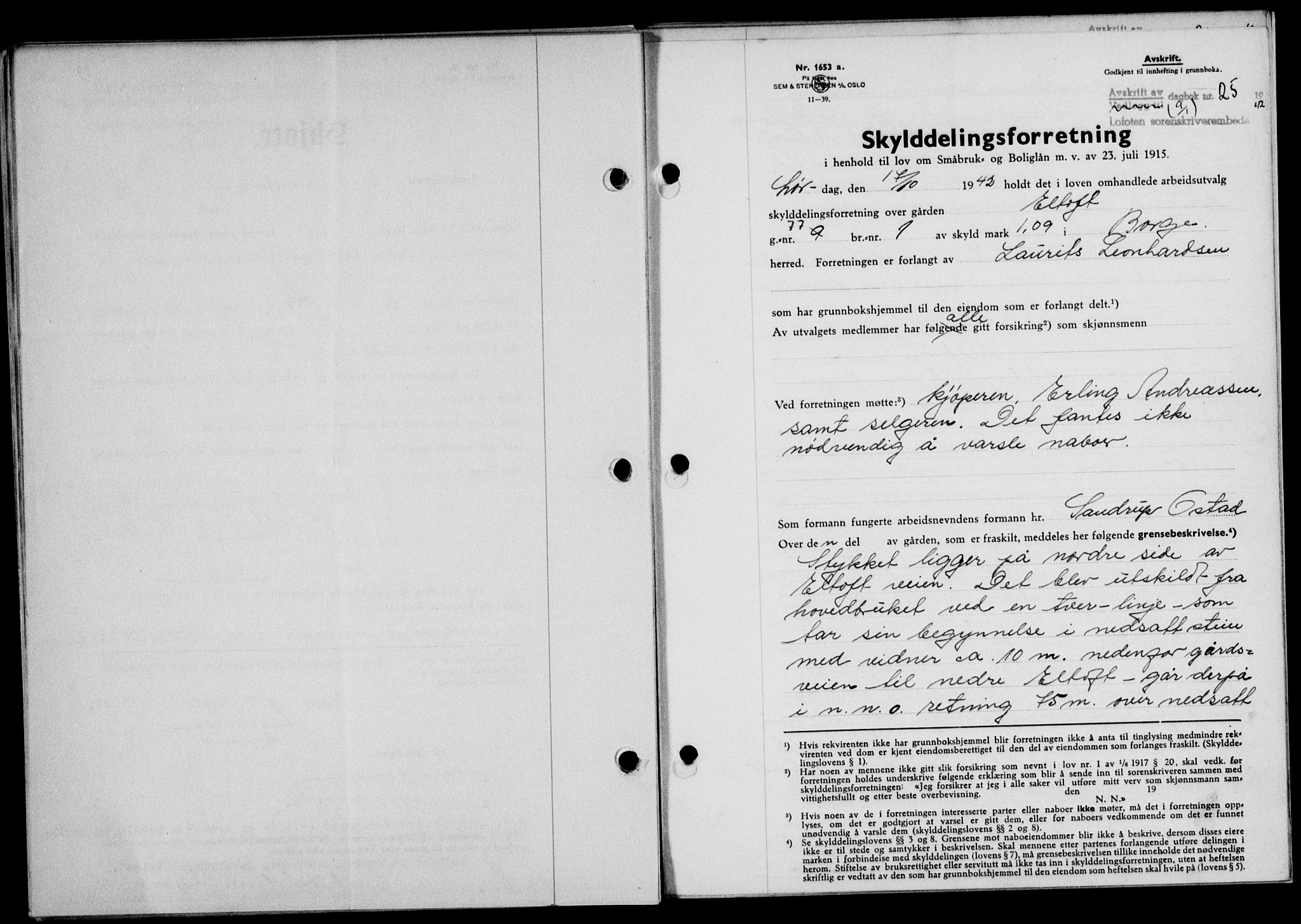 Lofoten sorenskriveri, SAT/A-0017/1/2/2C/L0010a: Mortgage book no. 10a, 1942-1943, Diary no: : 25/1943