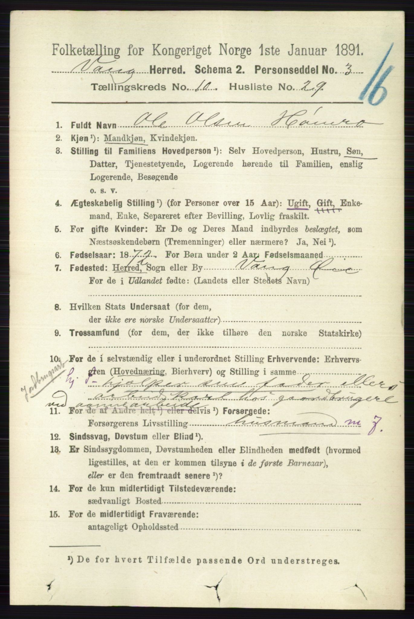 RA, 1891 census for 0545 Vang, 1891, p. 2350