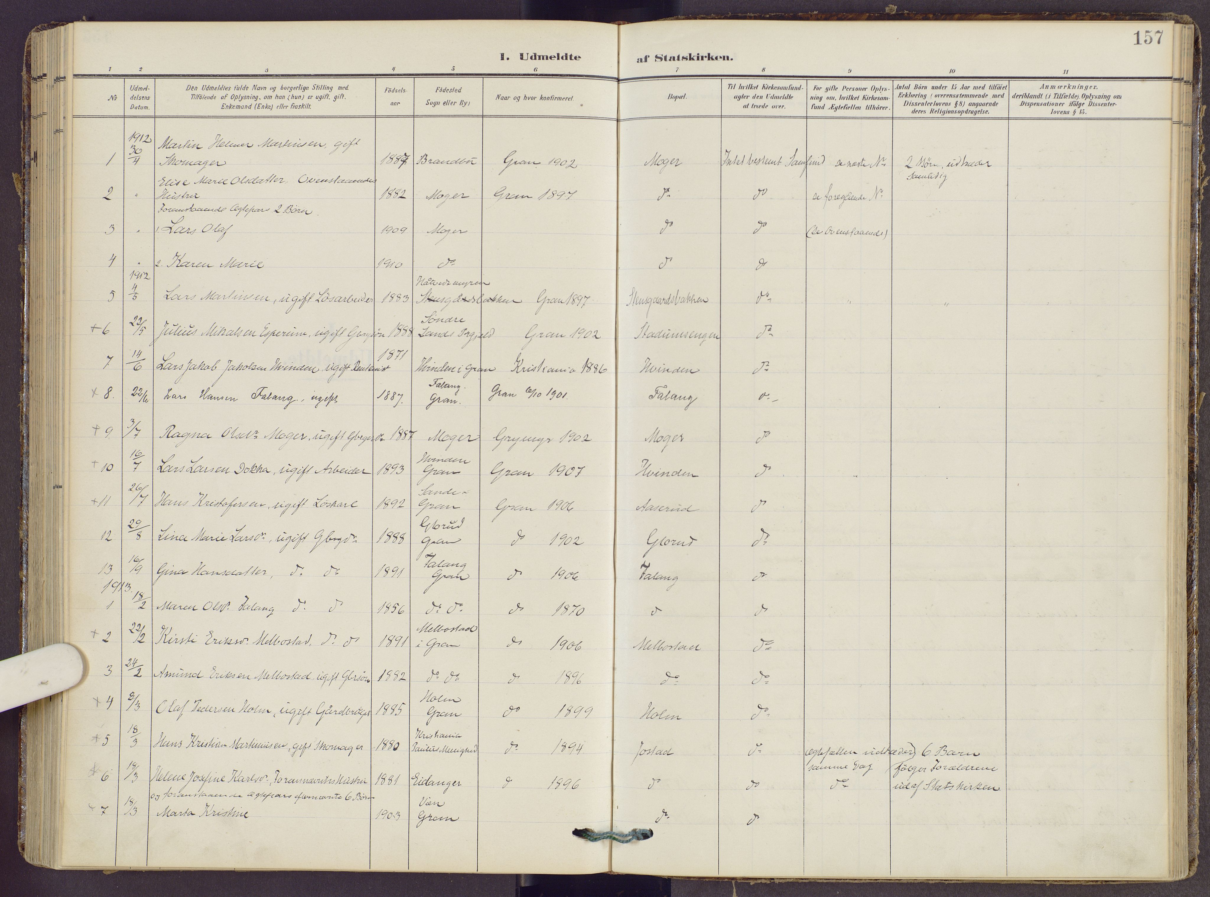 Gran prestekontor, SAH/PREST-112/H/Ha/Haa/L0022: Parish register (official) no. 22, 1908-1918, p. 157