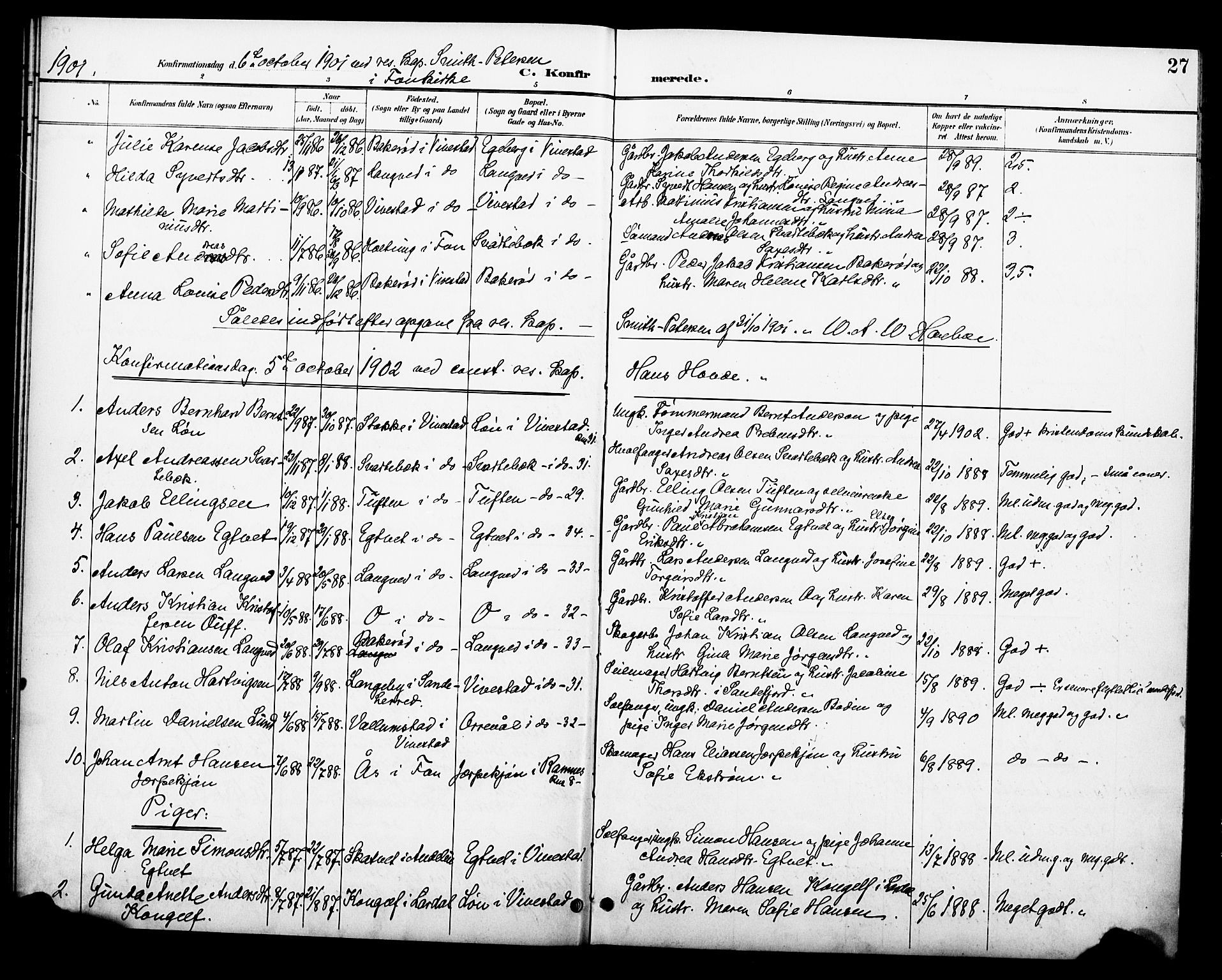 Ramnes kirkebøker, AV/SAKO-A-314/F/Fc/L0002: Parish register (official) no. III 2, 1900-1914, p. 27