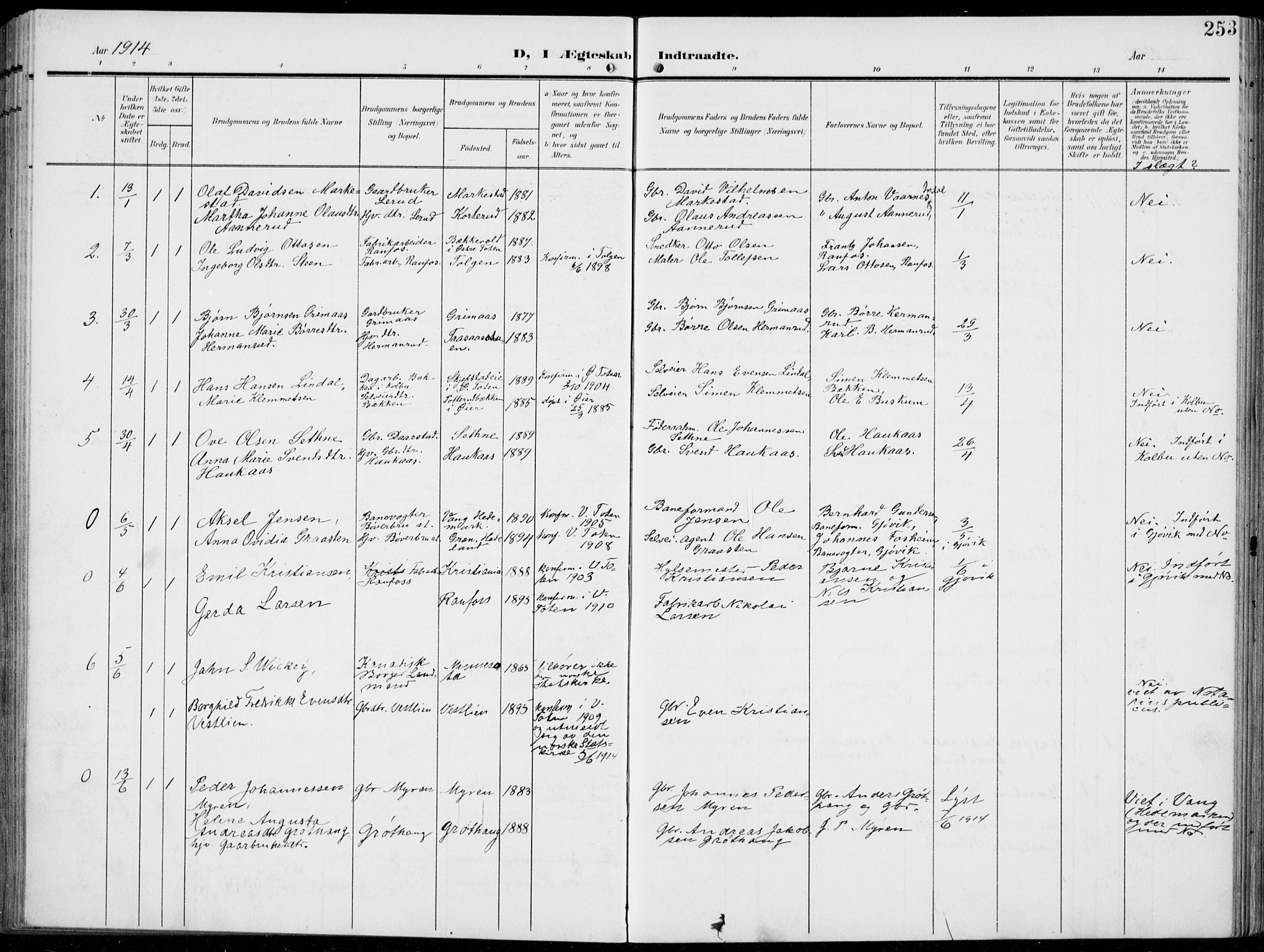 Vestre Toten prestekontor, SAH/PREST-108/H/Ha/Haa/L0014: Parish register (official) no. 14, 1907-1920, p. 253