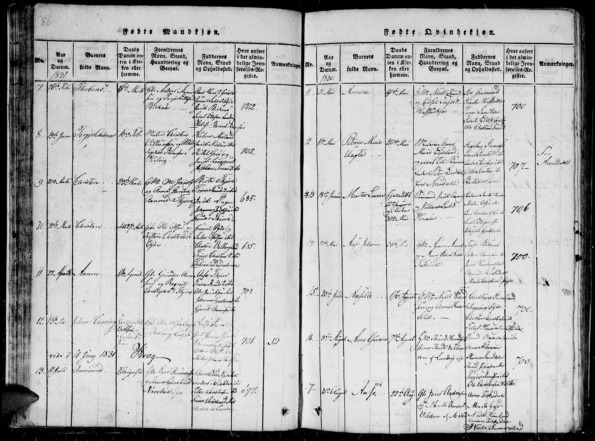 Hommedal sokneprestkontor, SAK/1111-0023/F/Fb/Fbb/L0003: Parish register (copy) no. B 3 /1, 1816-1850, p. 86-87