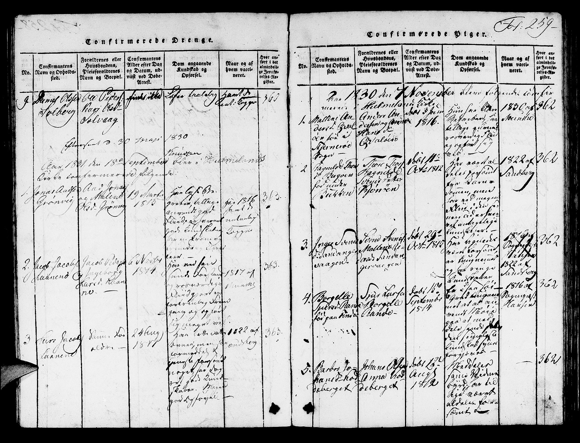 Hjelmeland sokneprestkontor, AV/SAST-A-101843/01/V/L0003: Parish register (copy) no. B 3, 1816-1841, p. 259