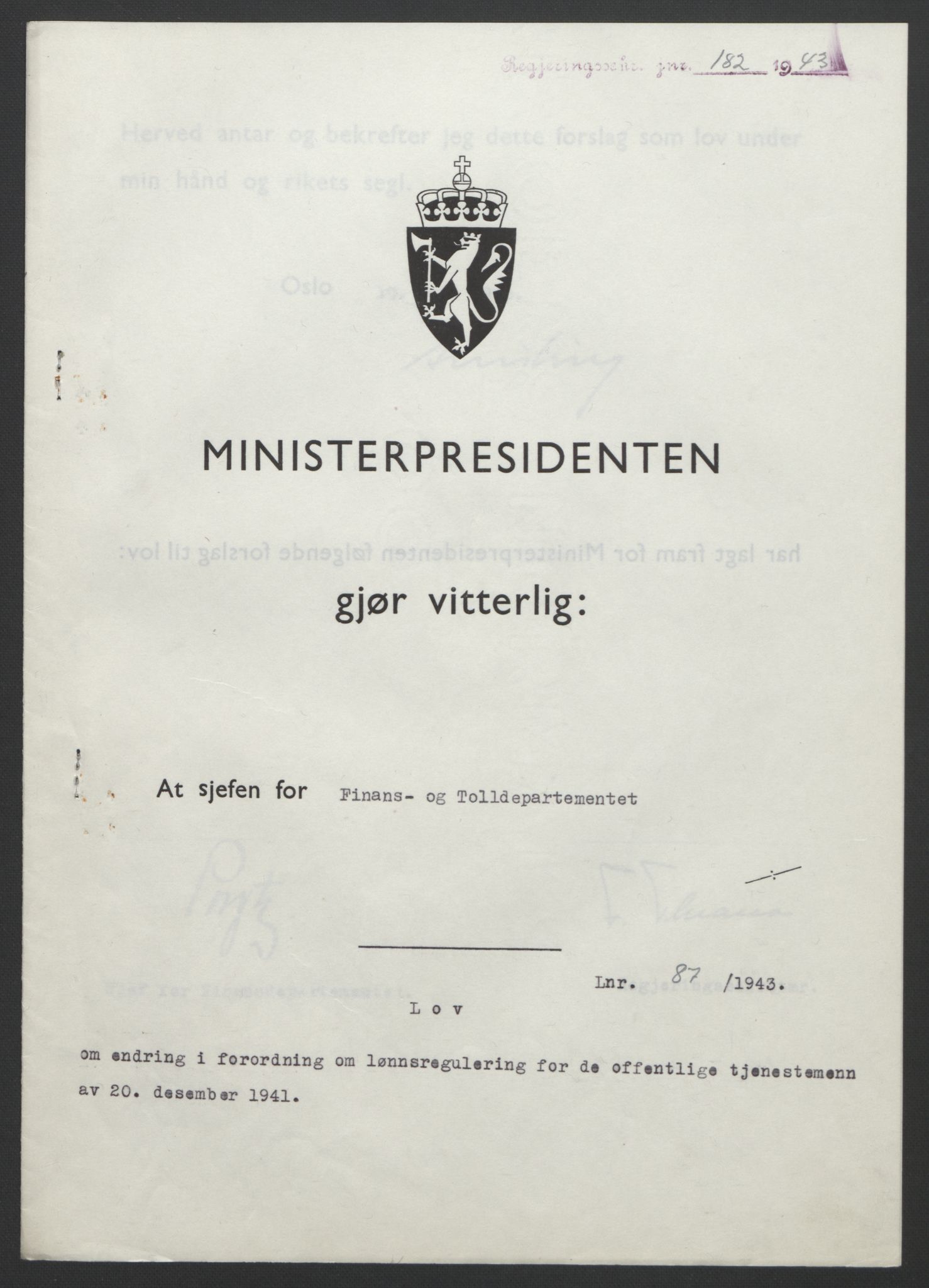 NS-administrasjonen 1940-1945 (Statsrådsekretariatet, de kommisariske statsråder mm), RA/S-4279/D/Db/L0099: Lover, 1943, p. 396