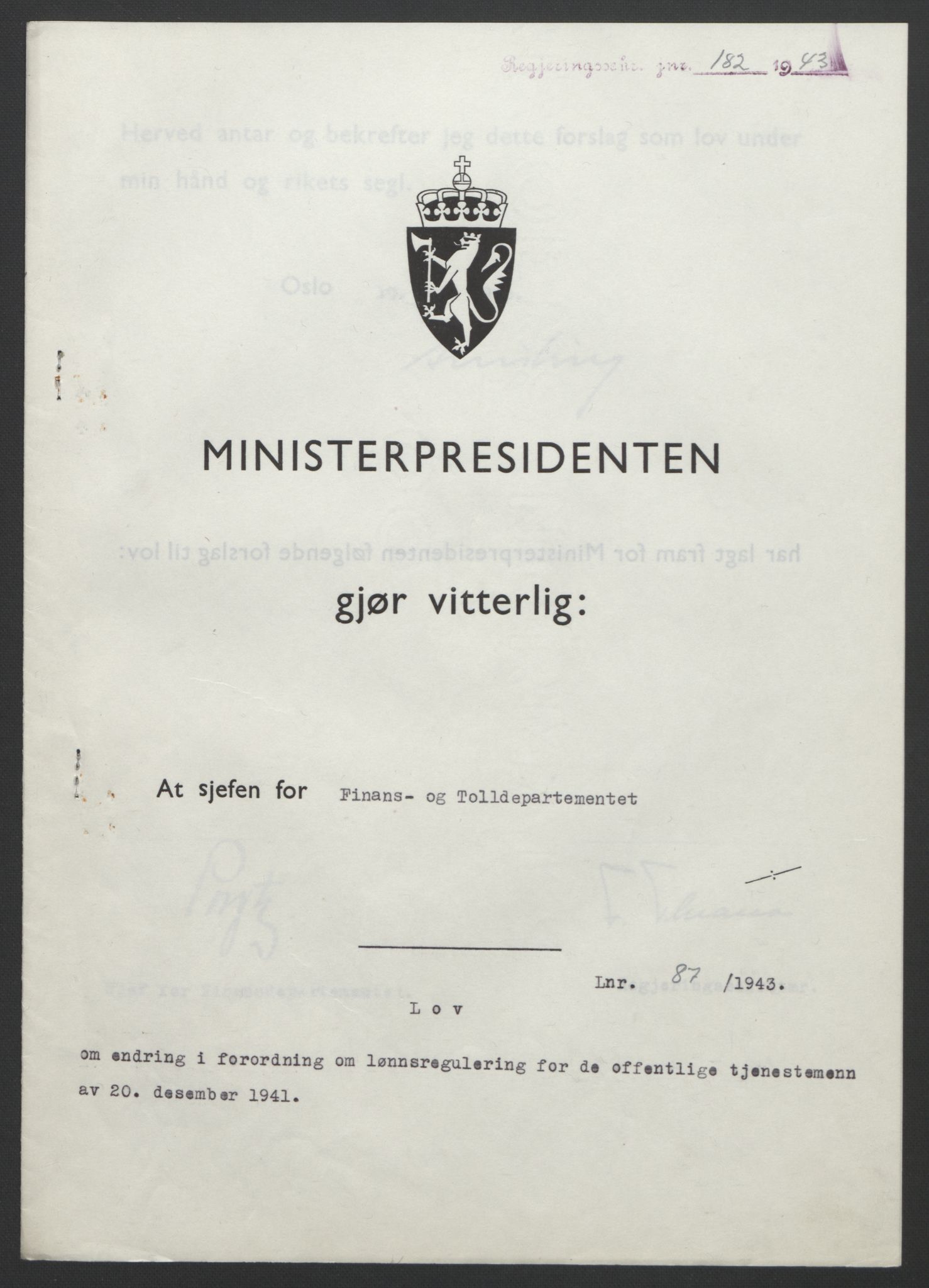 NS-administrasjonen 1940-1945 (Statsrådsekretariatet, de kommisariske statsråder mm), AV/RA-S-4279/D/Db/L0099: Lover, 1943, p. 396