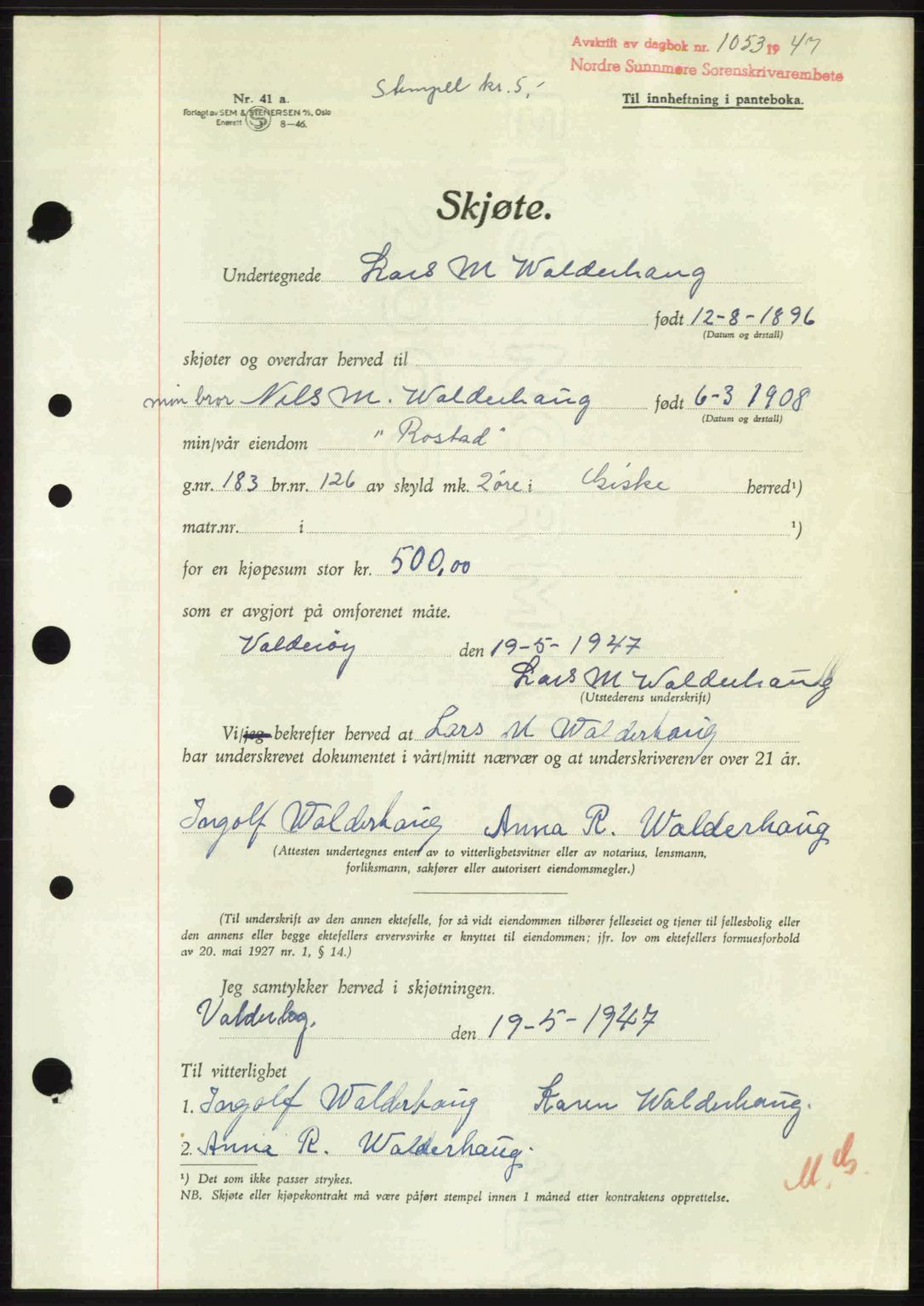 Nordre Sunnmøre sorenskriveri, AV/SAT-A-0006/1/2/2C/2Ca: Mortgage book no. A24, 1947-1947, Diary no: : 1053/1947