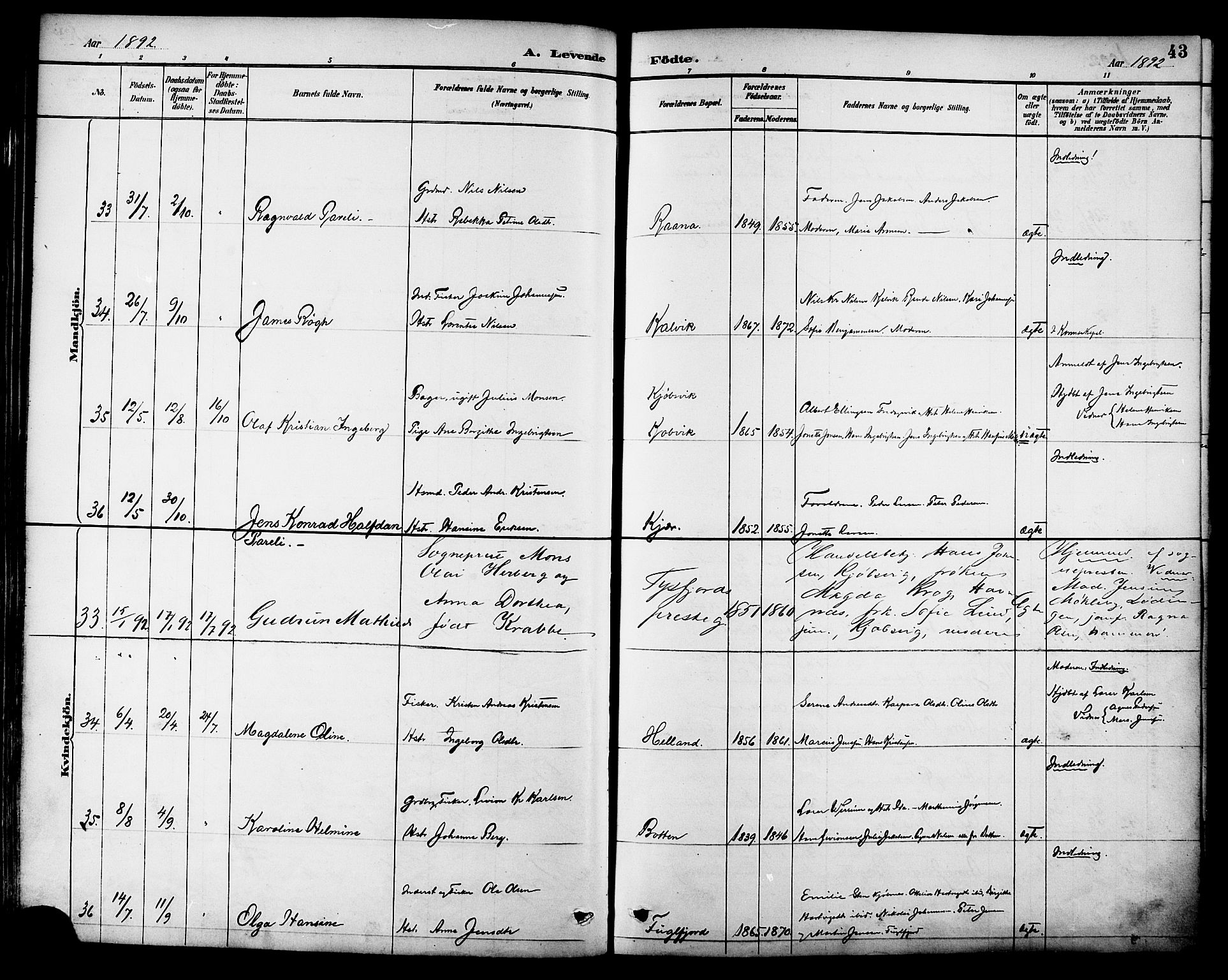 Ministerialprotokoller, klokkerbøker og fødselsregistre - Nordland, AV/SAT-A-1459/861/L0869: Parish register (official) no. 861A04, 1889-1903, p. 43