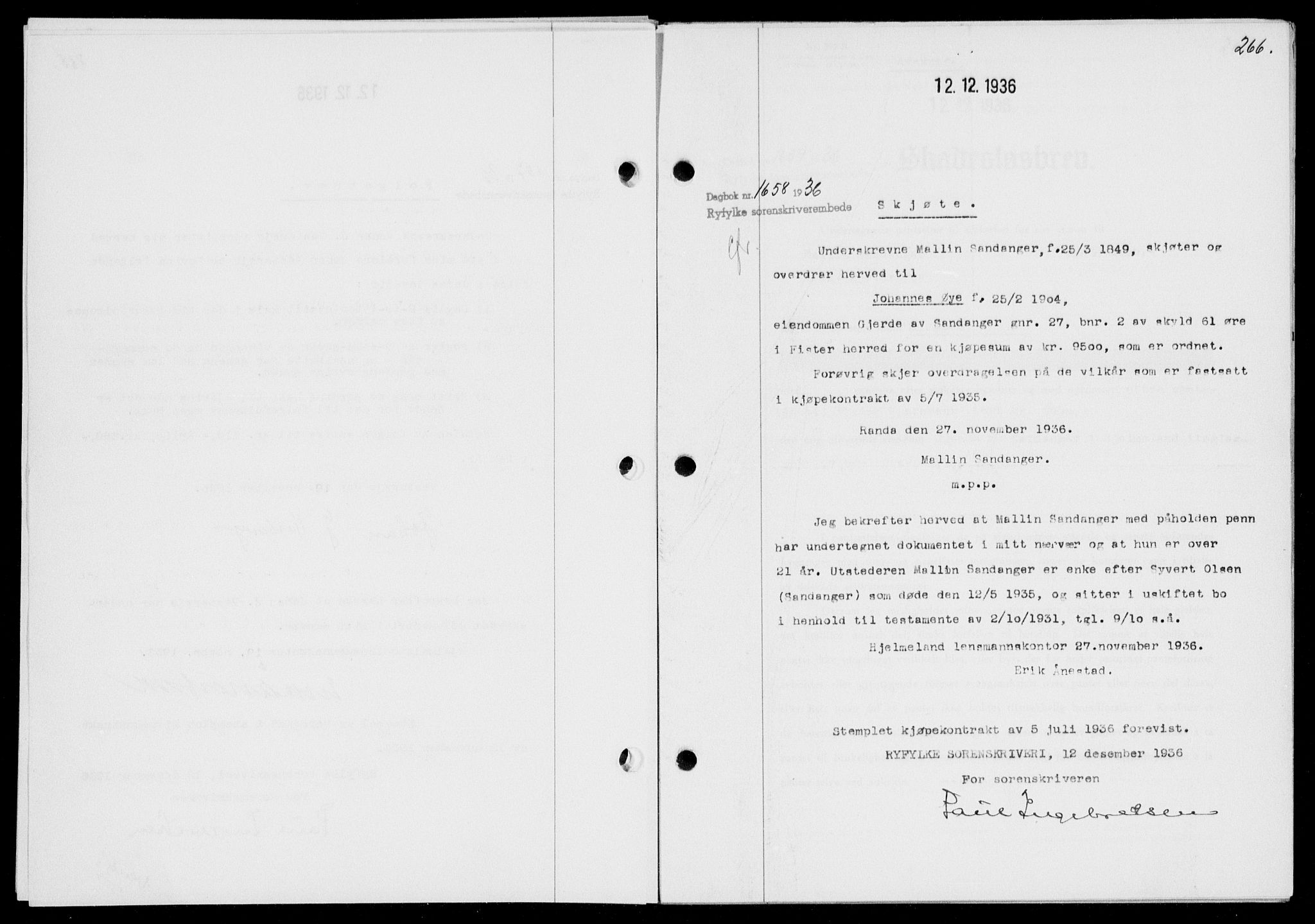 Ryfylke tingrett, SAST/A-100055/001/II/IIB/L0074: Mortgage book no. 53, 1936-1937, Diary no: : 1658/1936